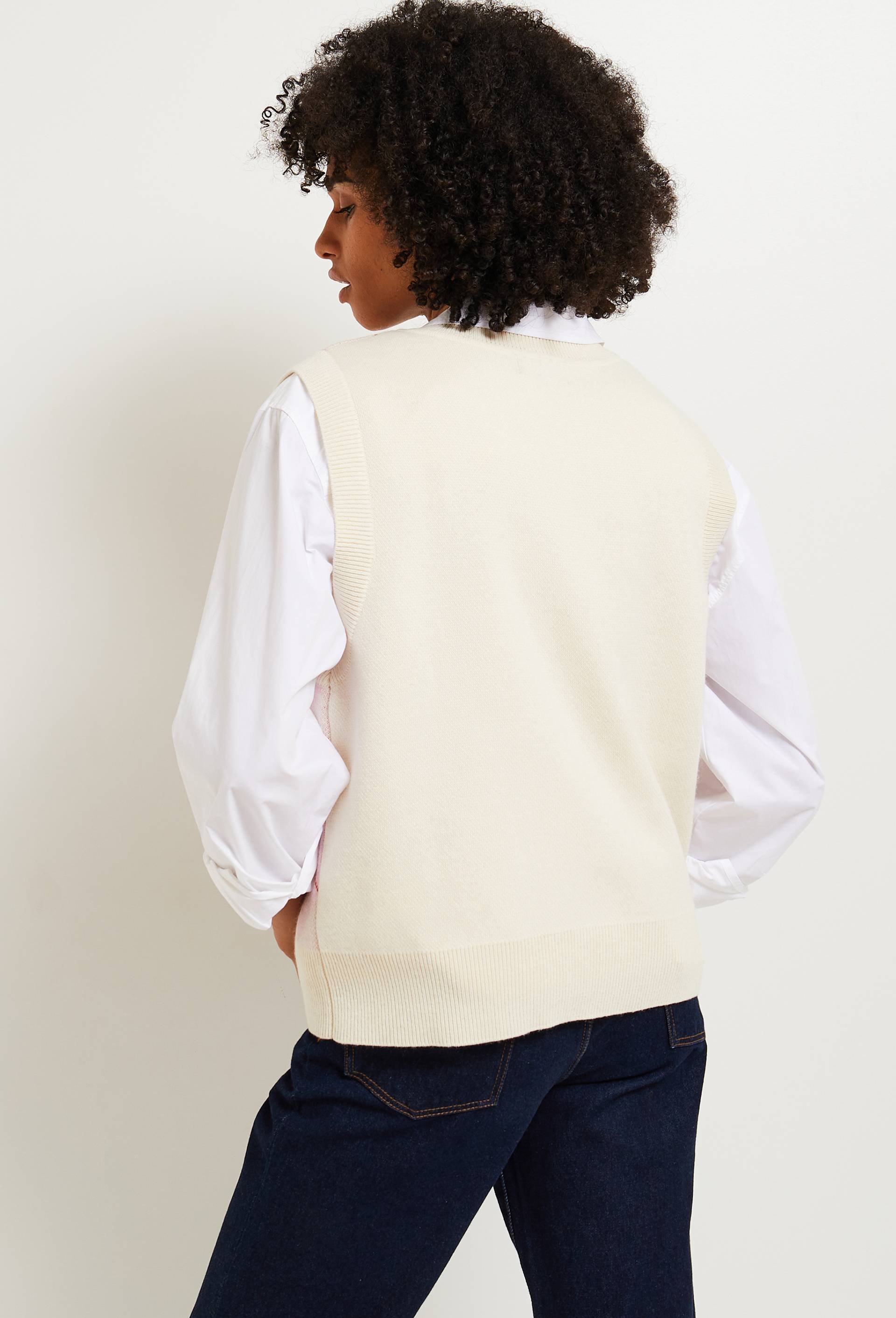 Pull sans manche jacquard carreaux contenant de la laine, certifié OEKO-TEX, Ecru, large image number 1