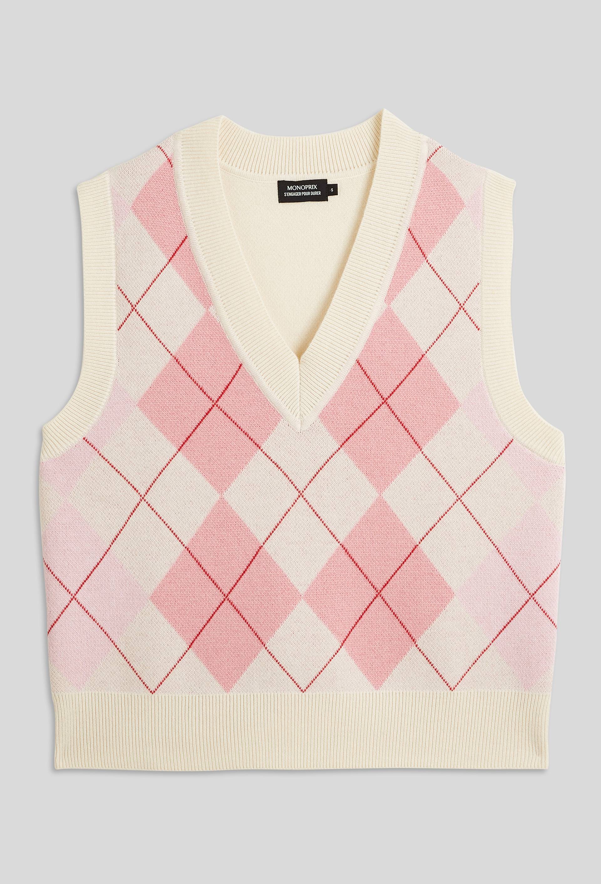Pull sans manche jacquard carreaux contenant de la laine, certifié OEKO-TEX, Ecru, large image number 2