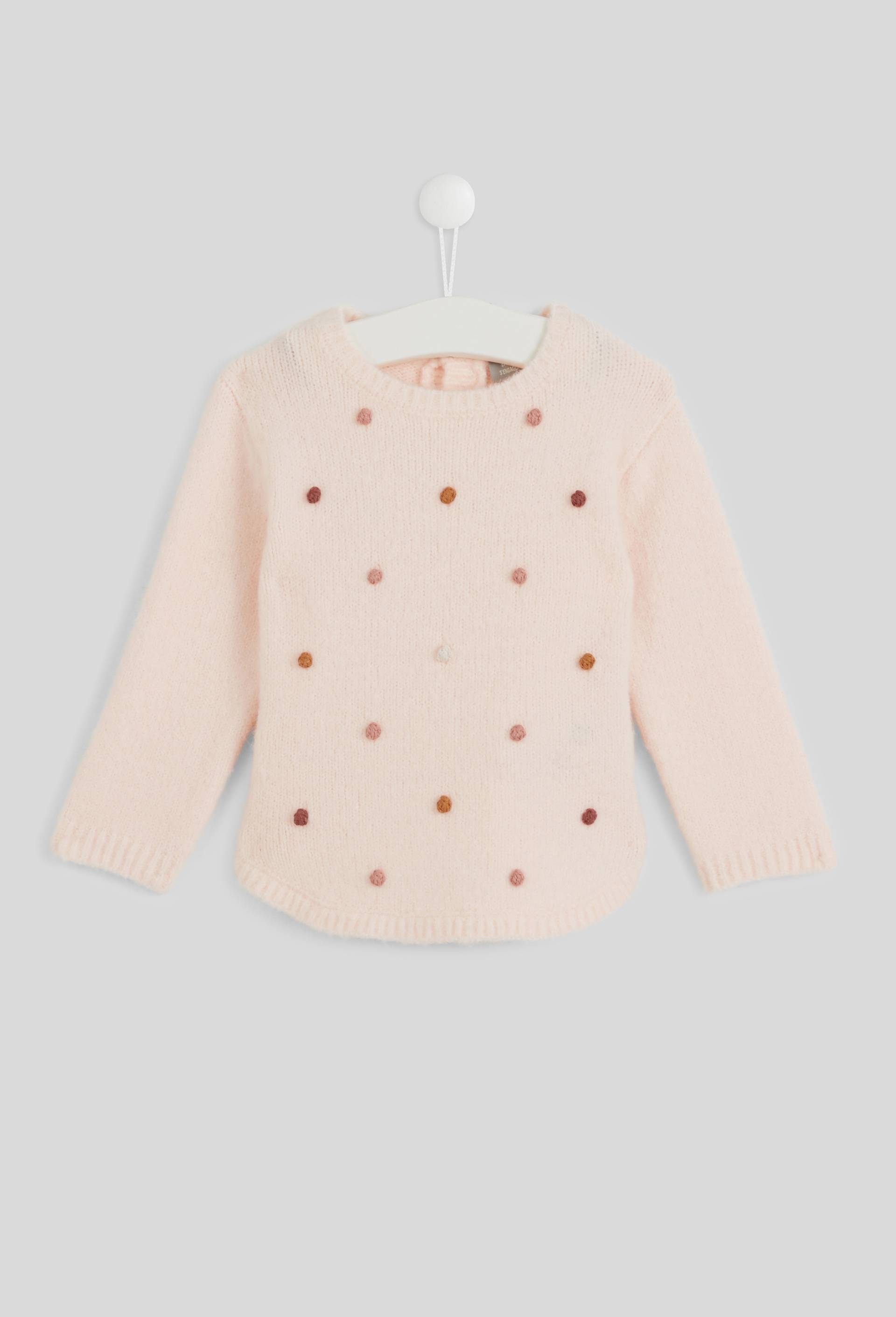 Pull manches longues col rond uni avec pompons brod&eacute;s, certifi&eacute; OEKO-TEX, Rose clair, large image number 0