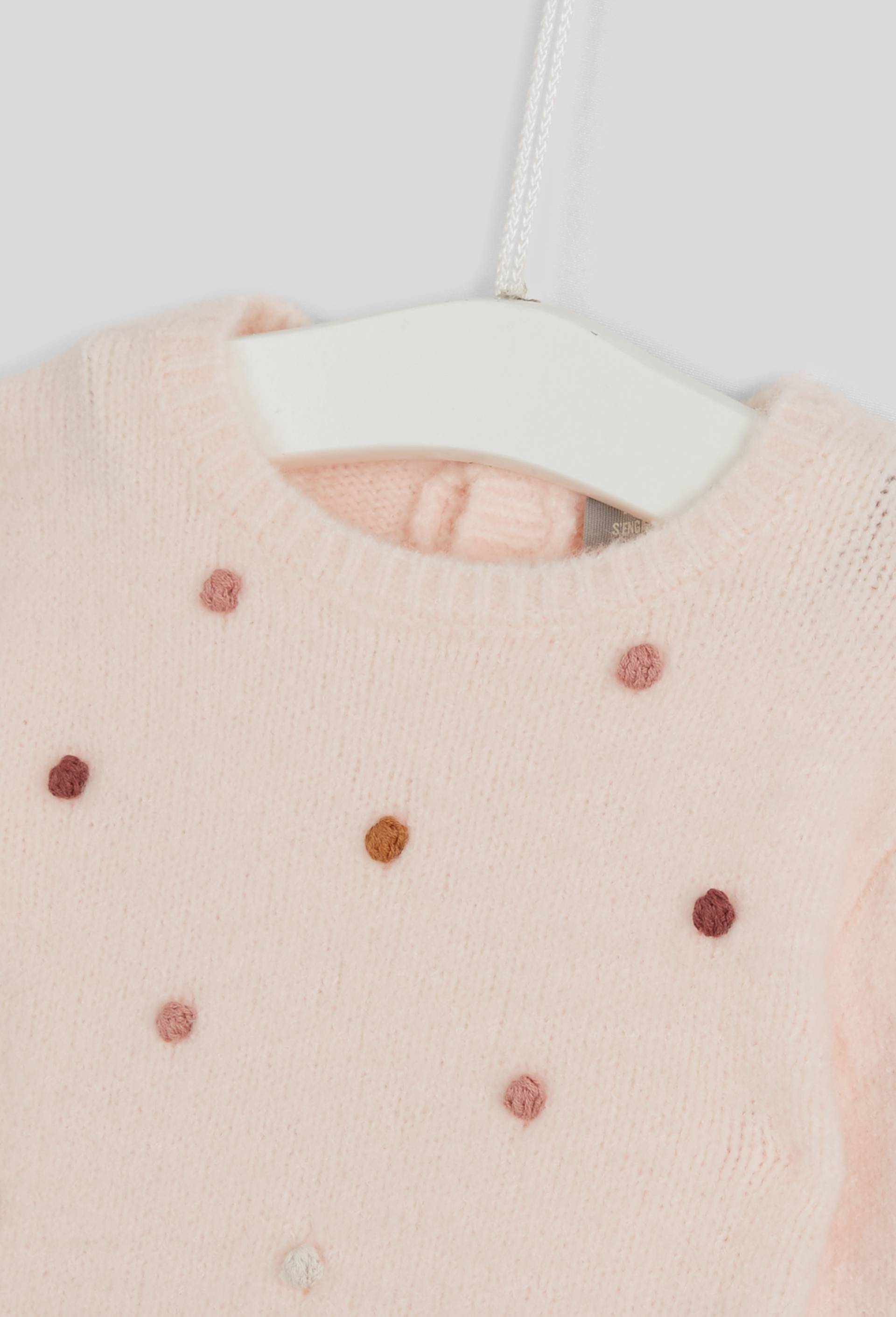 Pull manches longues col rond uni avec pompons brod&eacute;s, certifi&eacute; OEKO-TEX, Rose clair, large image number 2