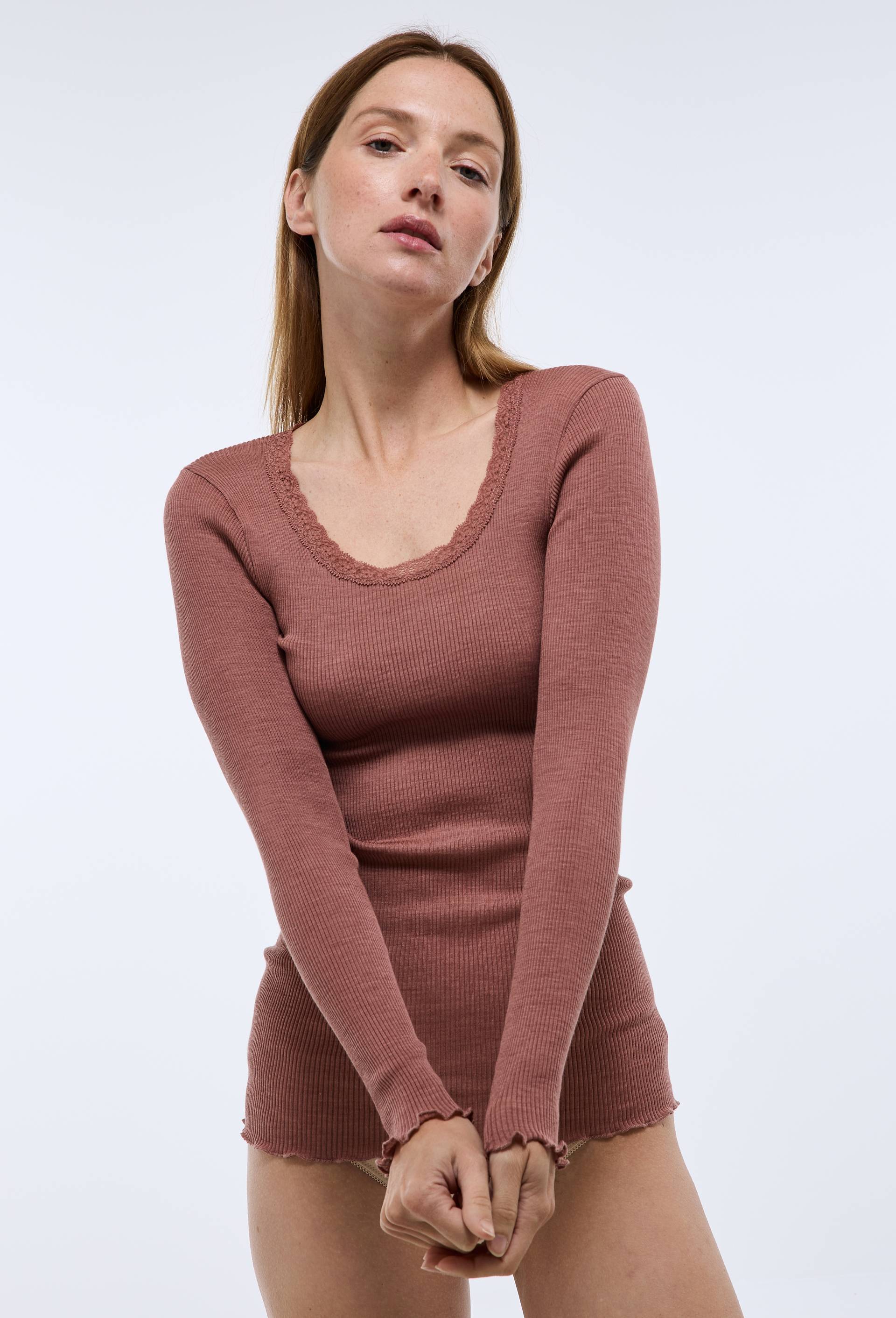 T-shirt manches longues en laine et soie avec dentelle, Rose fonc&eacute;, large image number 0.0