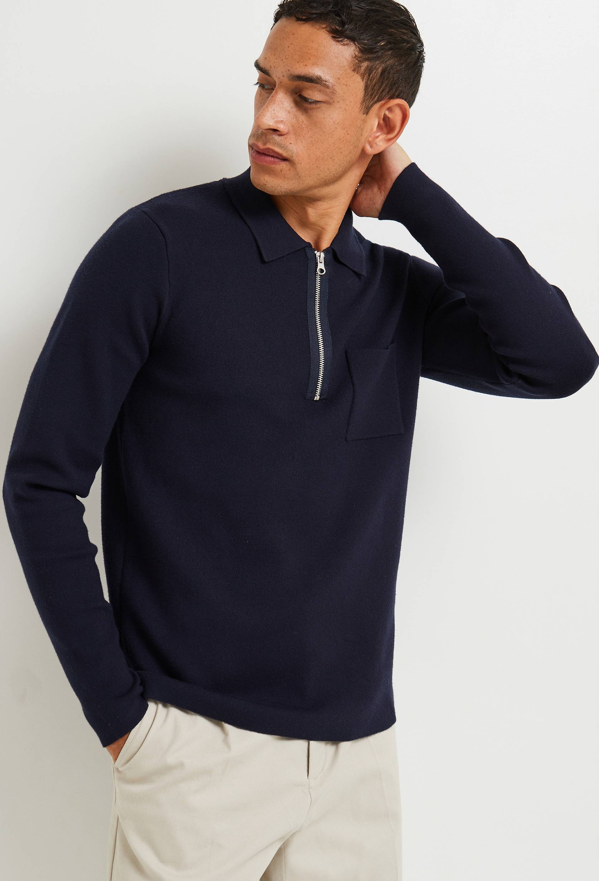 Pull col polo zipp&eacute;, Bleu fonc&eacute;, large image number 0