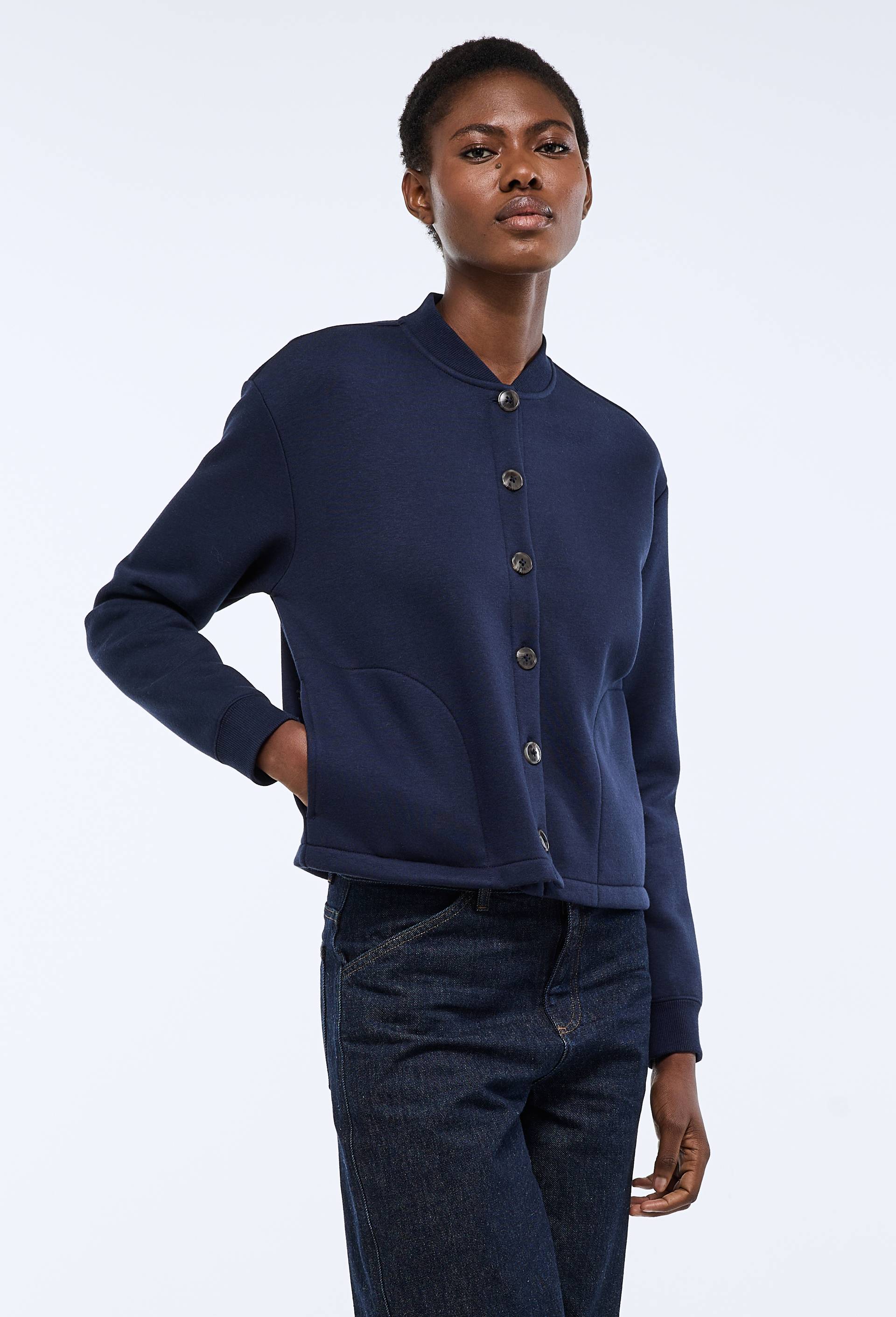 Cardigan boutonn&eacute; en molleton, Bleu fonc&eacute;, large image number 0.0
