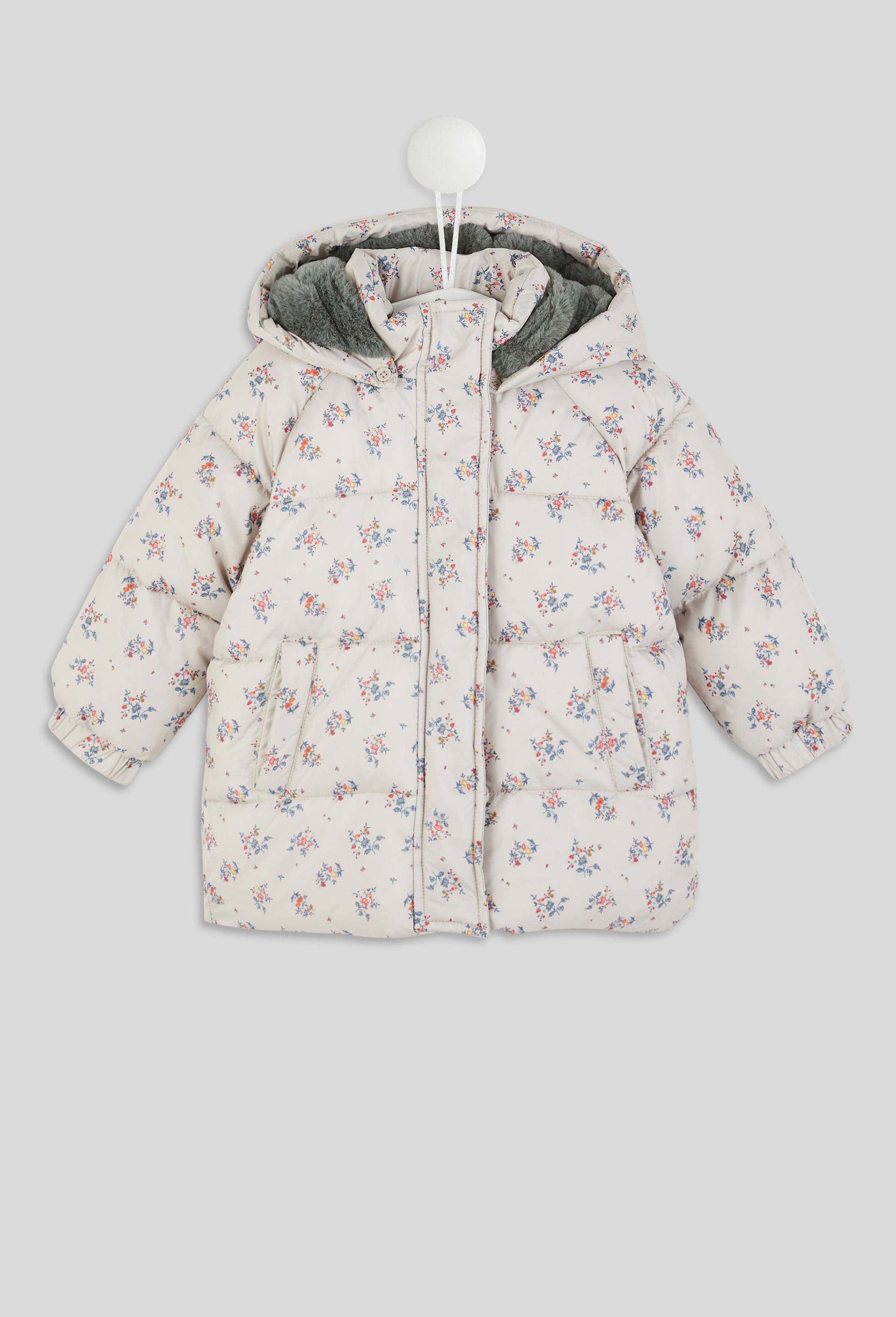 Doudoune imprim&eacute;e fleurs avec capuche amovible, zip et pressions, col montant, fille, rembourrage en polyester recycl&eacute;., Gris, large image number 0