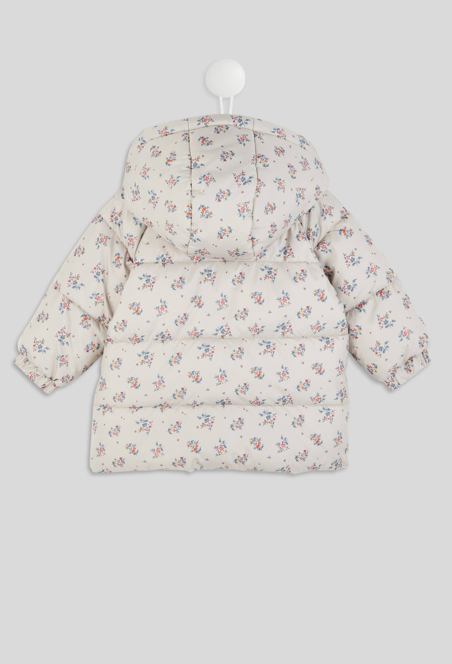 Doudoune imprim&eacute;e fleurs avec capuche amovible, zip et pressions, col montant, fille, rembourrage en polyester recycl&eacute;., Gris, large image number 1