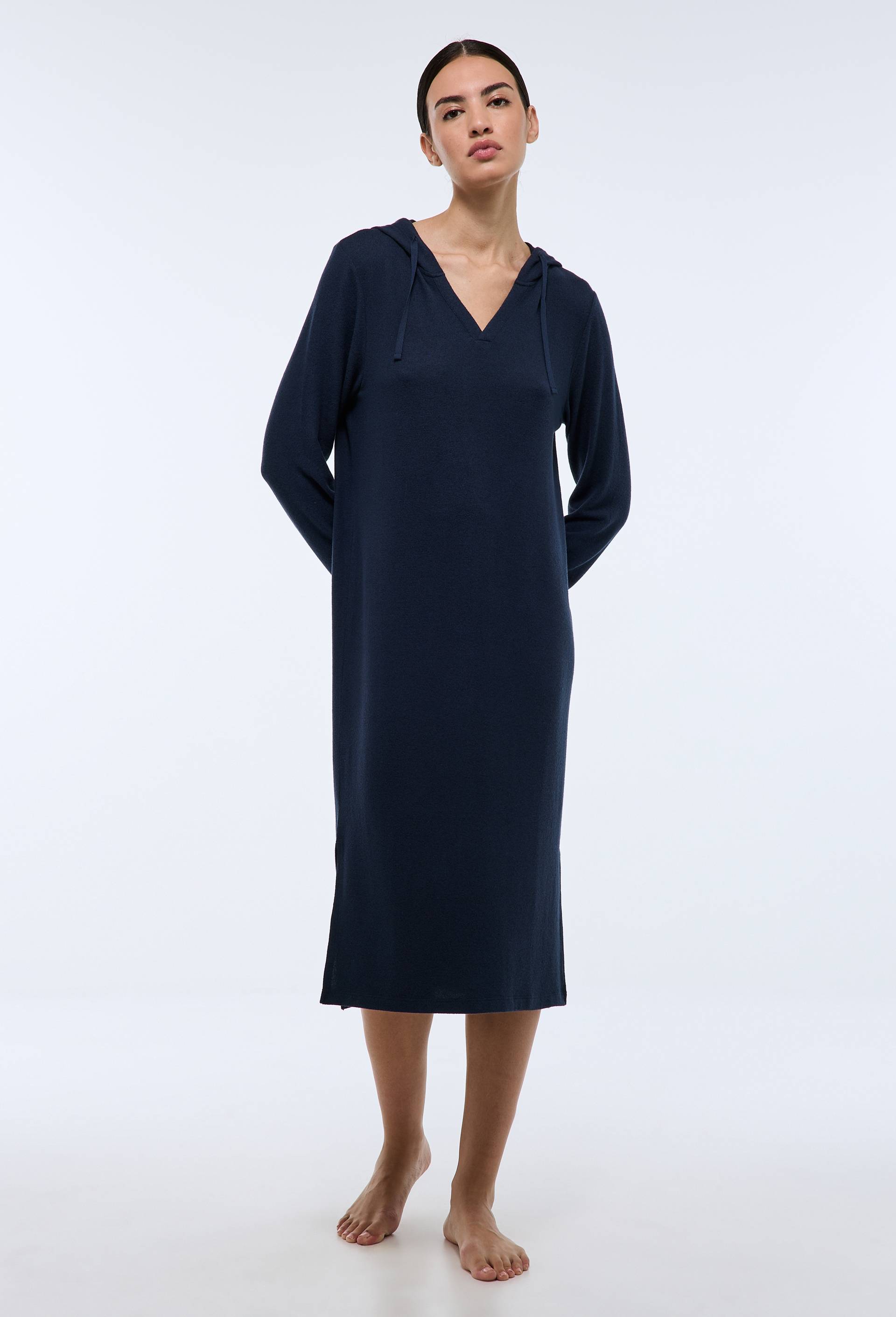 Chemise de nuit longue avec capuche unie, Bleu fonc&eacute;, large image number 0