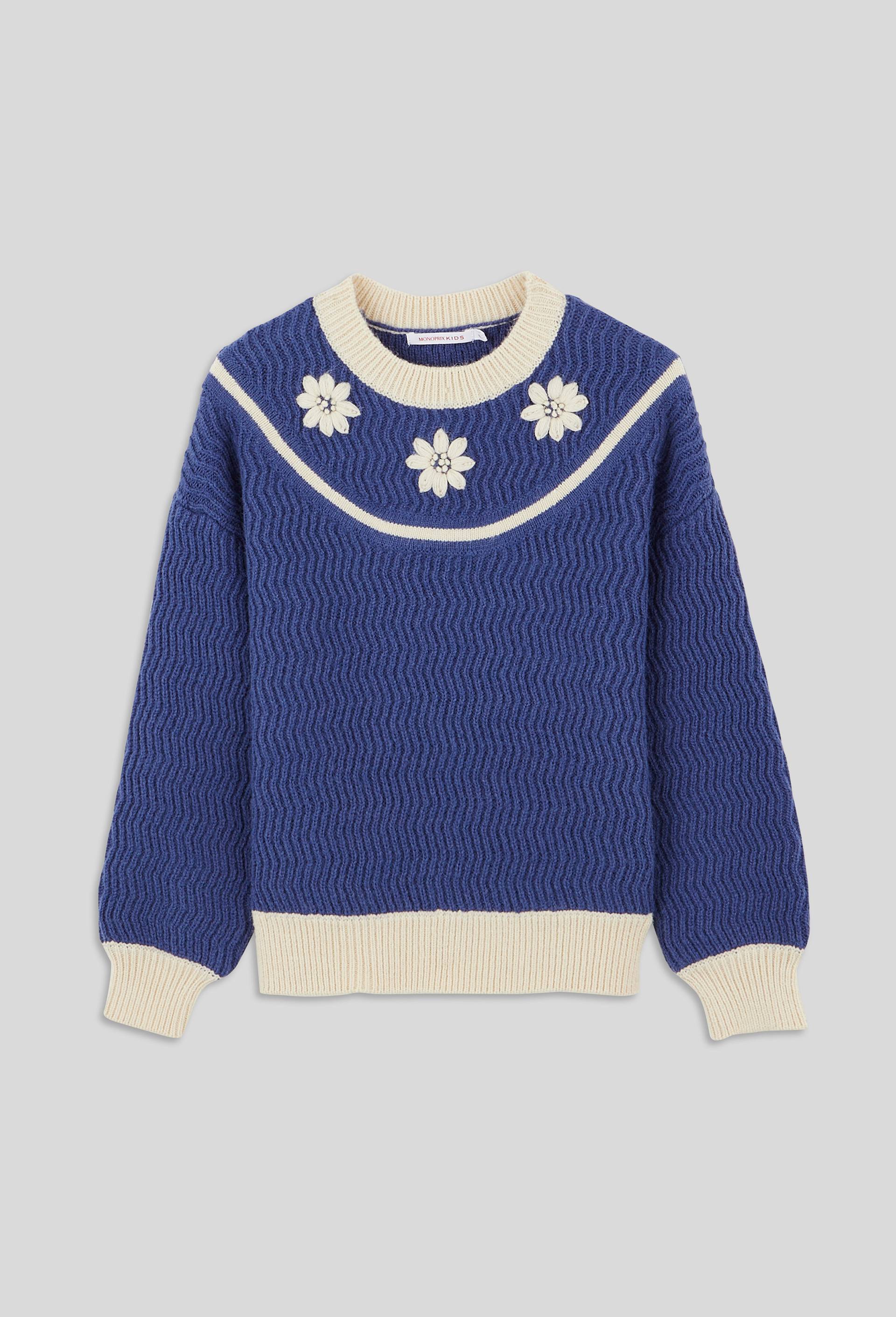 Pull fleurs brodées, certifié OEKO-TEX, Bleu, large image number 0