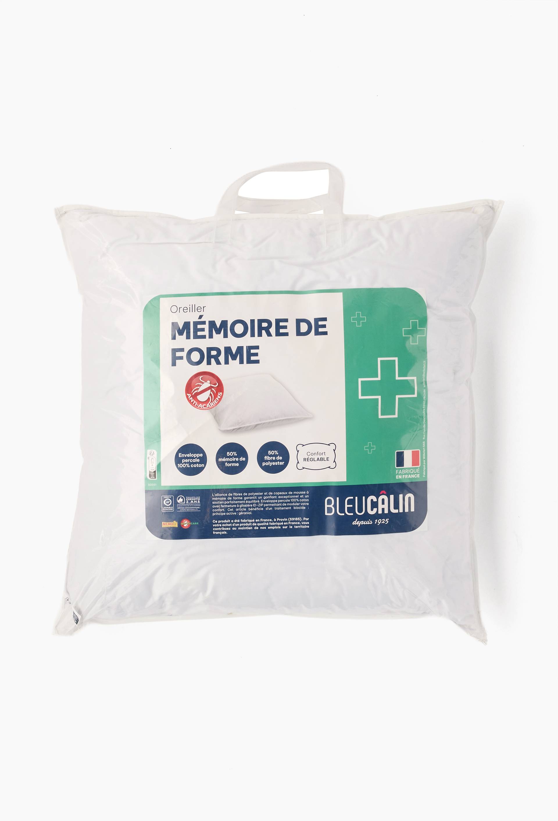 Oreiller carre m&eacute;moire de forme anti acariens 60x60cm, Blanc, large image number 2.0