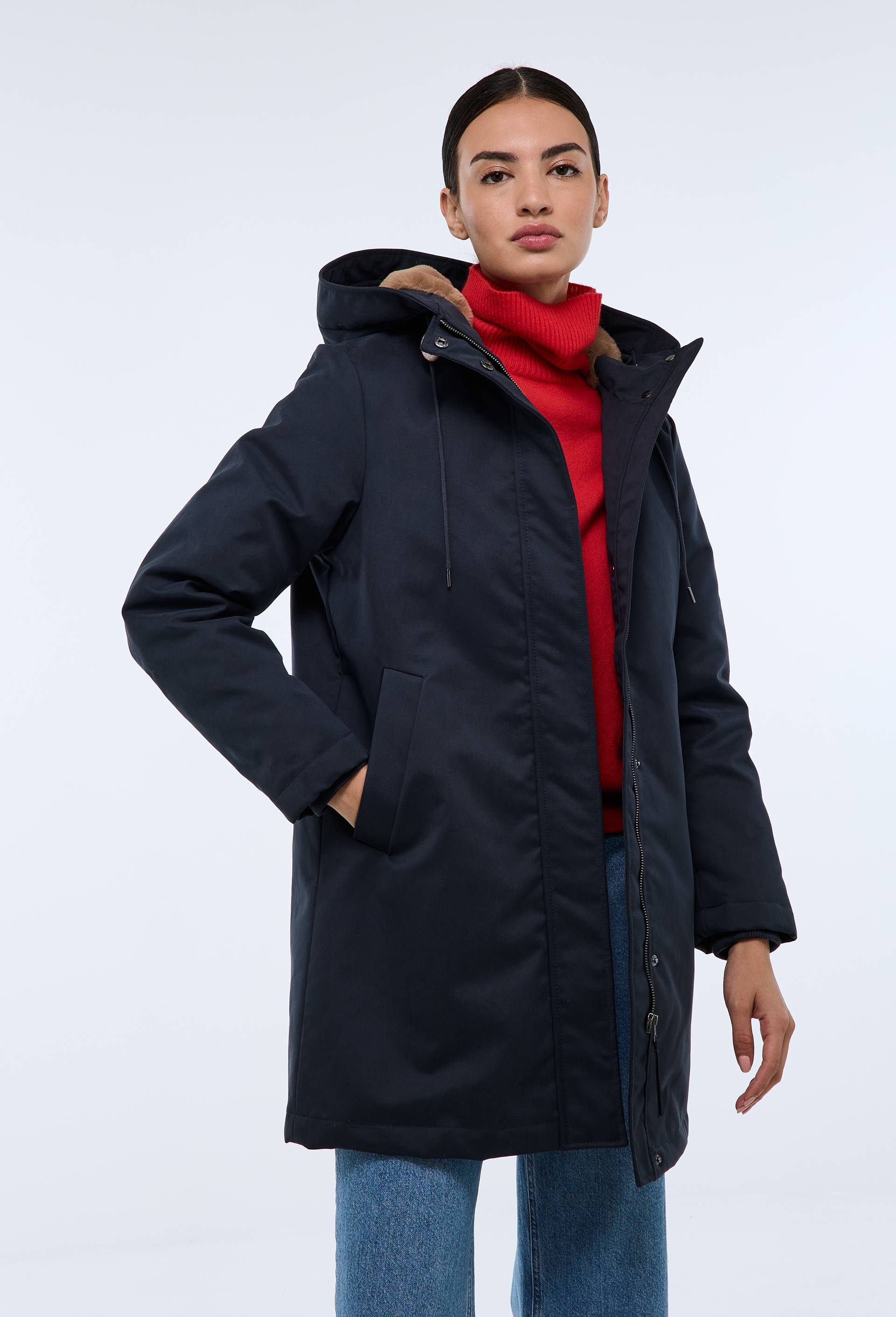 Parka à capuche avec fausse fourrure, Bleu foncé, large image number 0