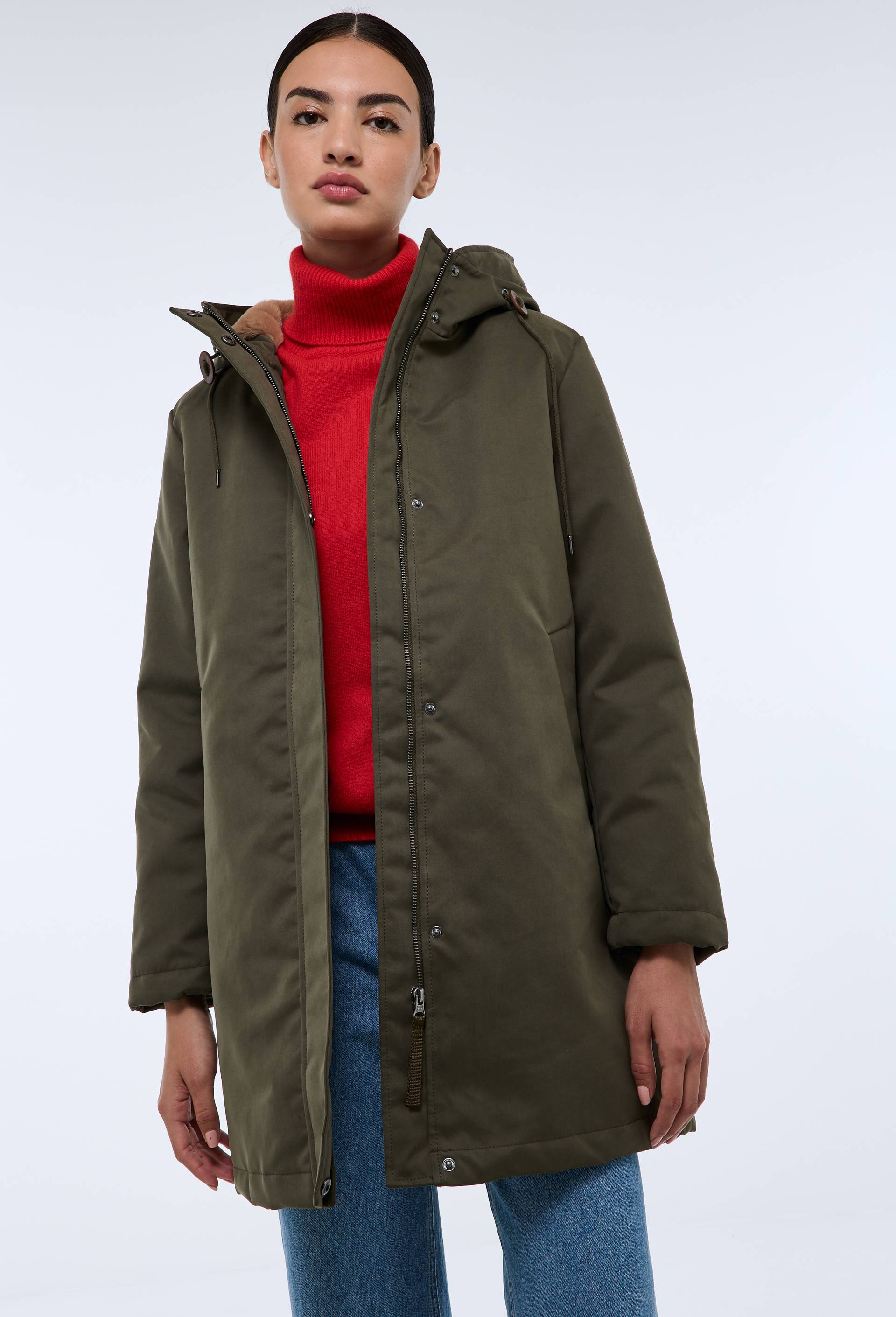 Parka à capuche avec fausse fourrure, Vert foncé, large image number 0