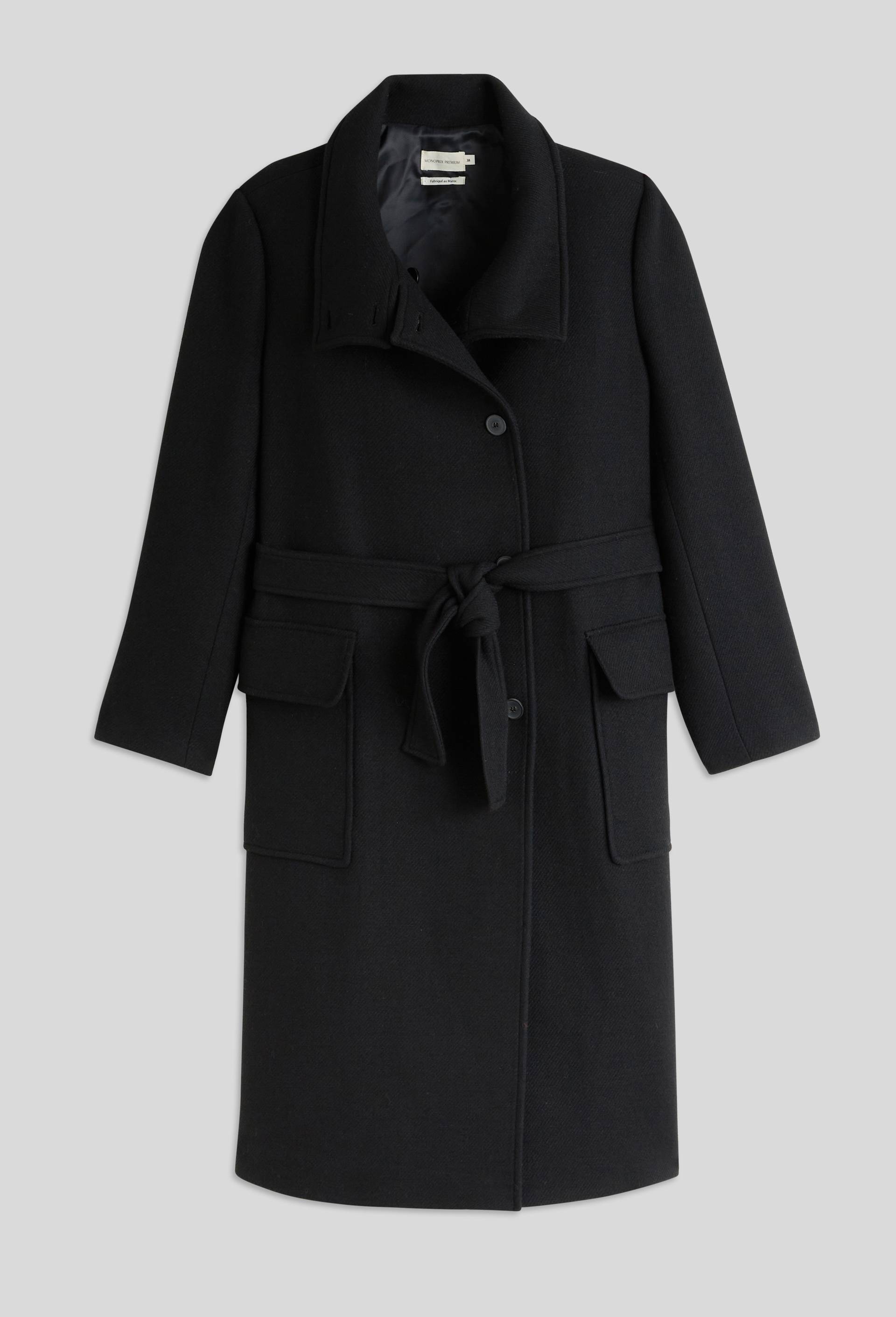 Manteau long col montant ceintur&eacute; contenant de la laine, Noir, large image number 2