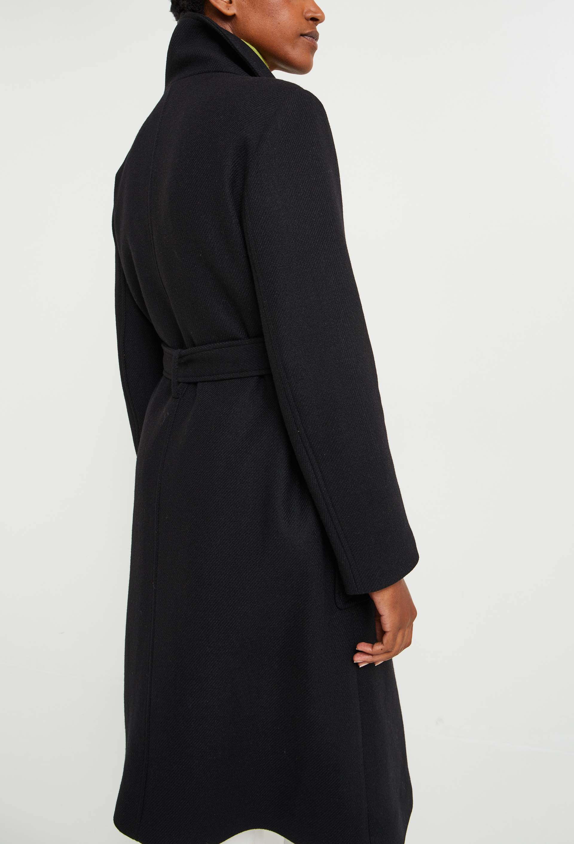 Manteau long col montant ceintur&eacute; contenant de la laine, Noir, large image number 3