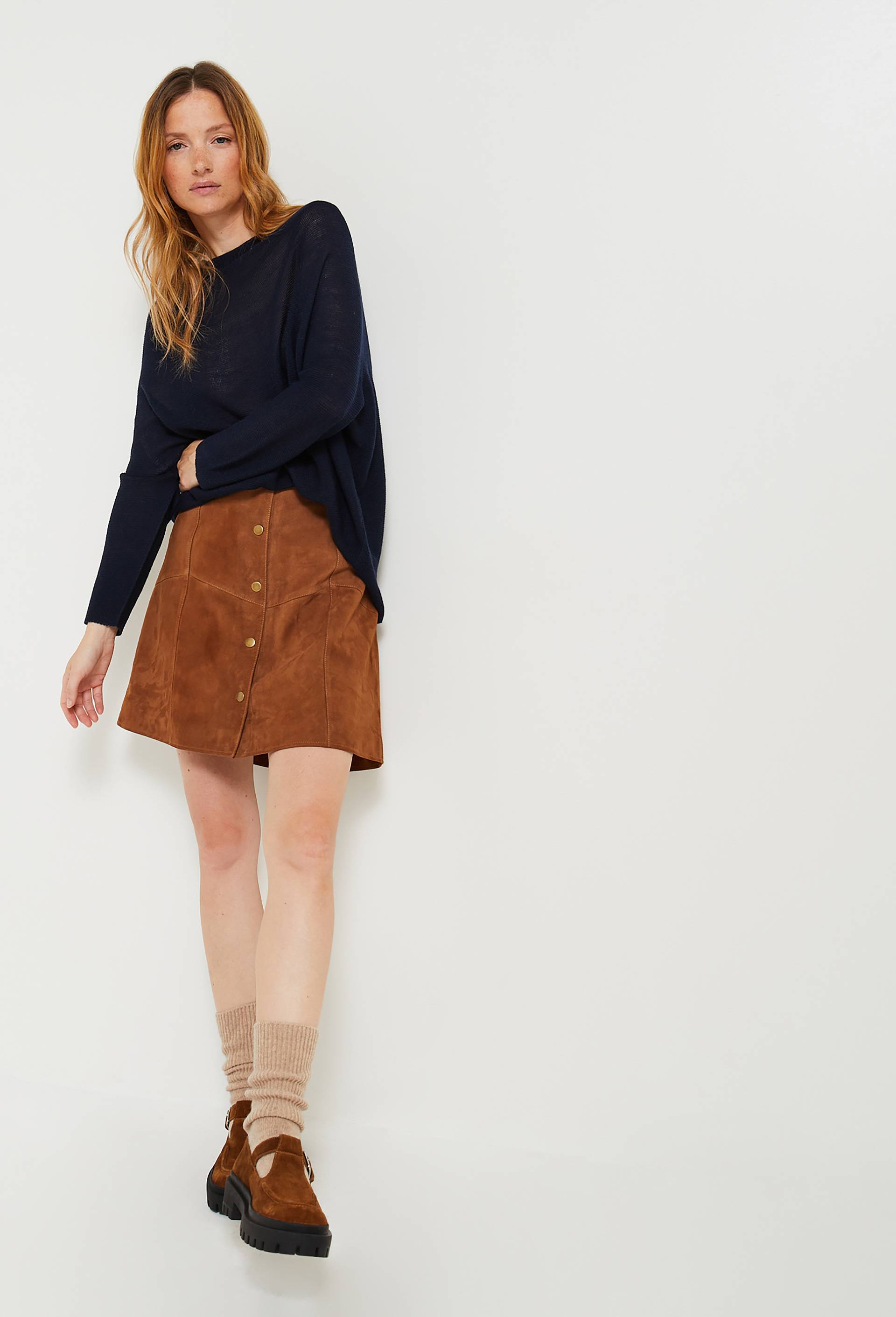 Jupe courte ouverture pressionnée en cuir responsable, Brun, large image number 0.0