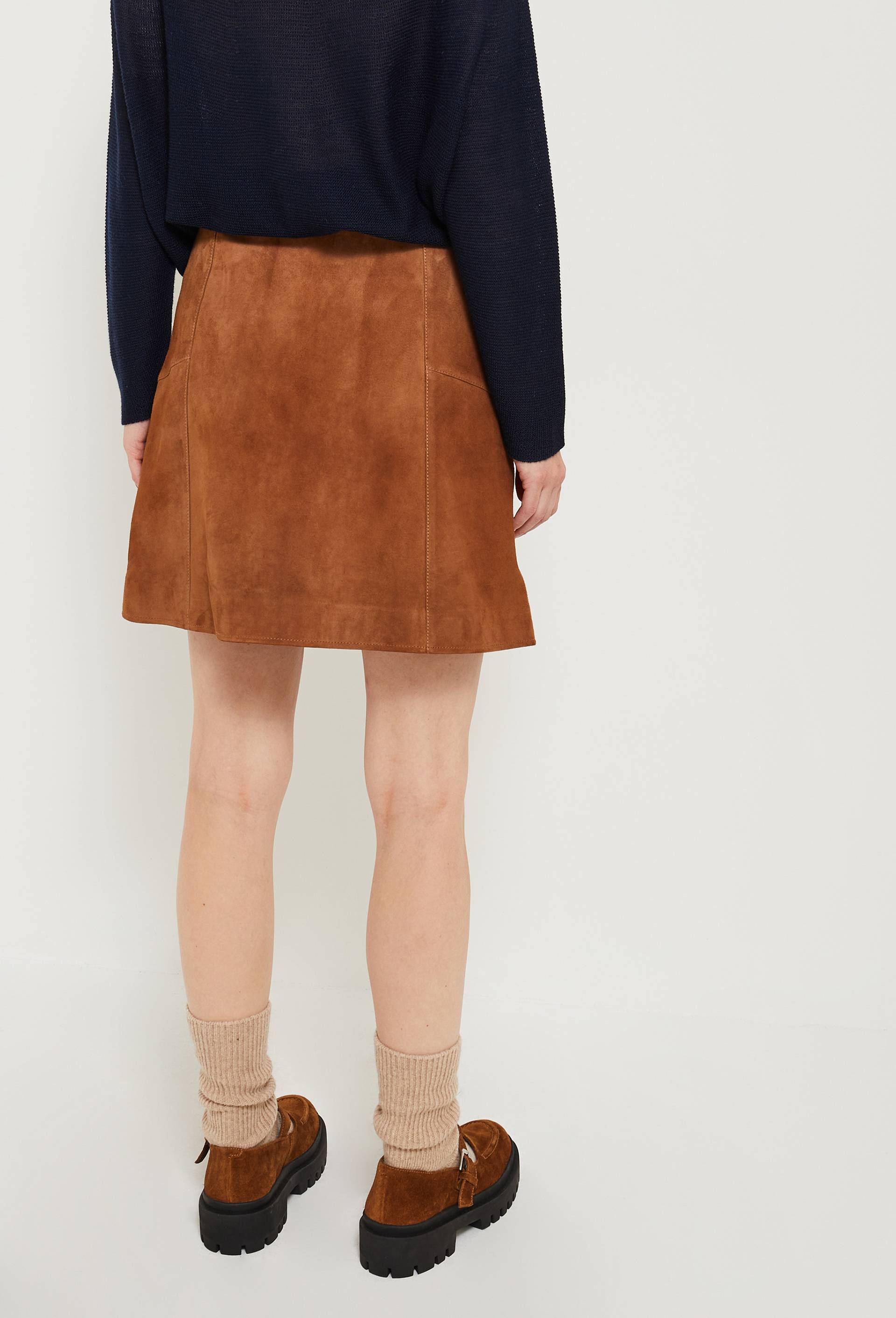 Jupe courte ouverture pressionnée en cuir responsable, Brun, large image number 1