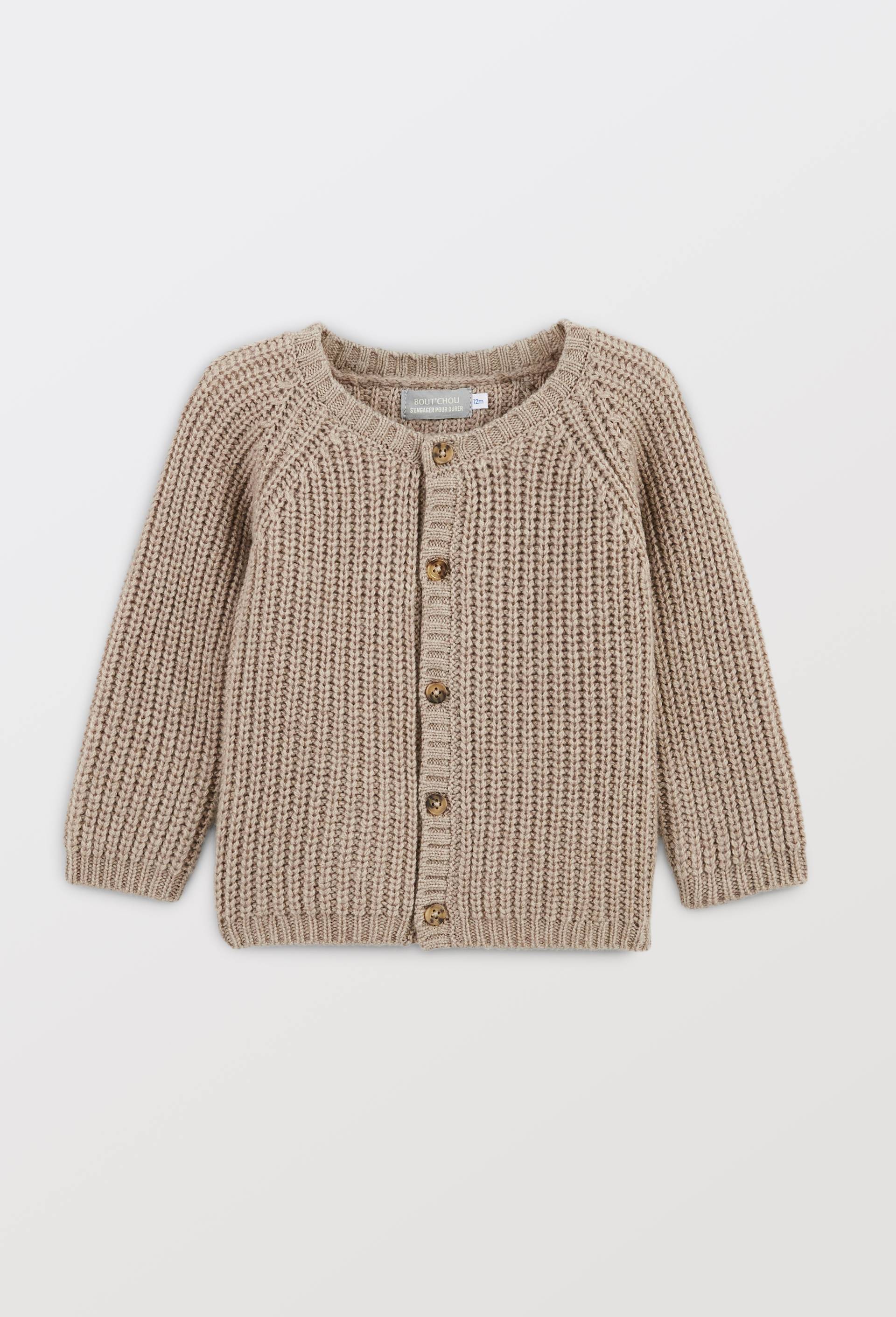 Cardigan &agrave; manches longues uni contenant de la laine, Beige, large image number 0