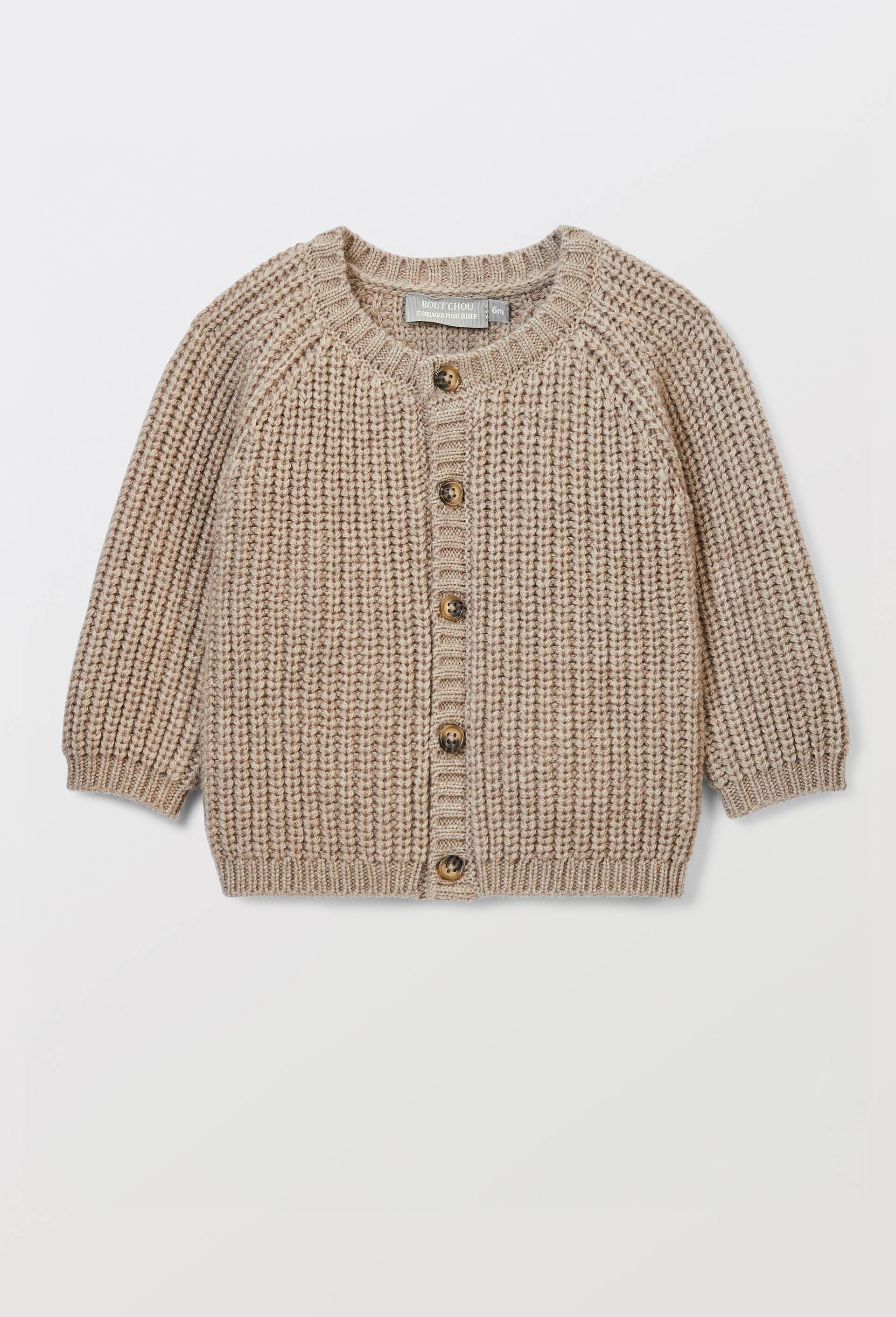 Cardigan &agrave; manches longues uni contenant de la laine, Beige, large image number 0.0