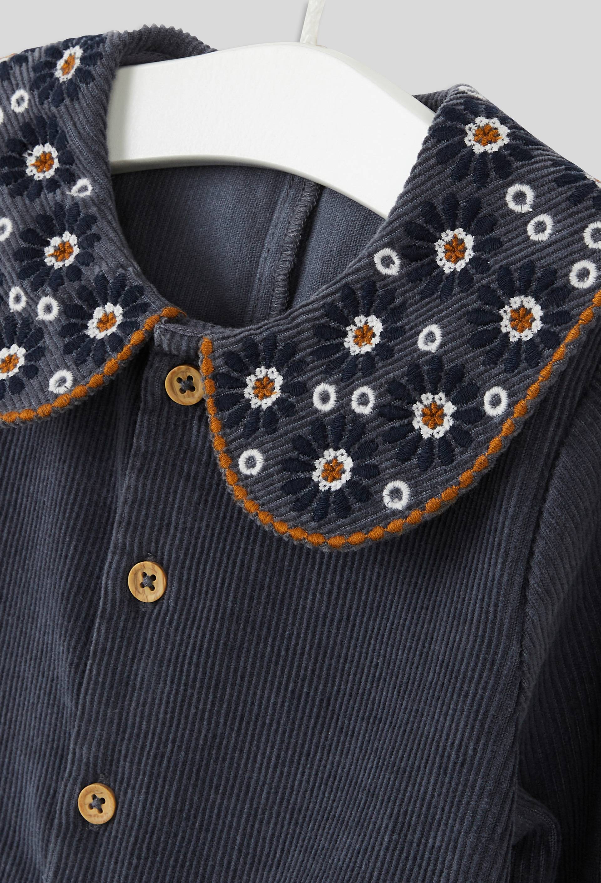 Combinaison longue unie en velours grand col brodé fleurs manches longues, fille, OEKO-TEX, Bleu foncé, large image number 2