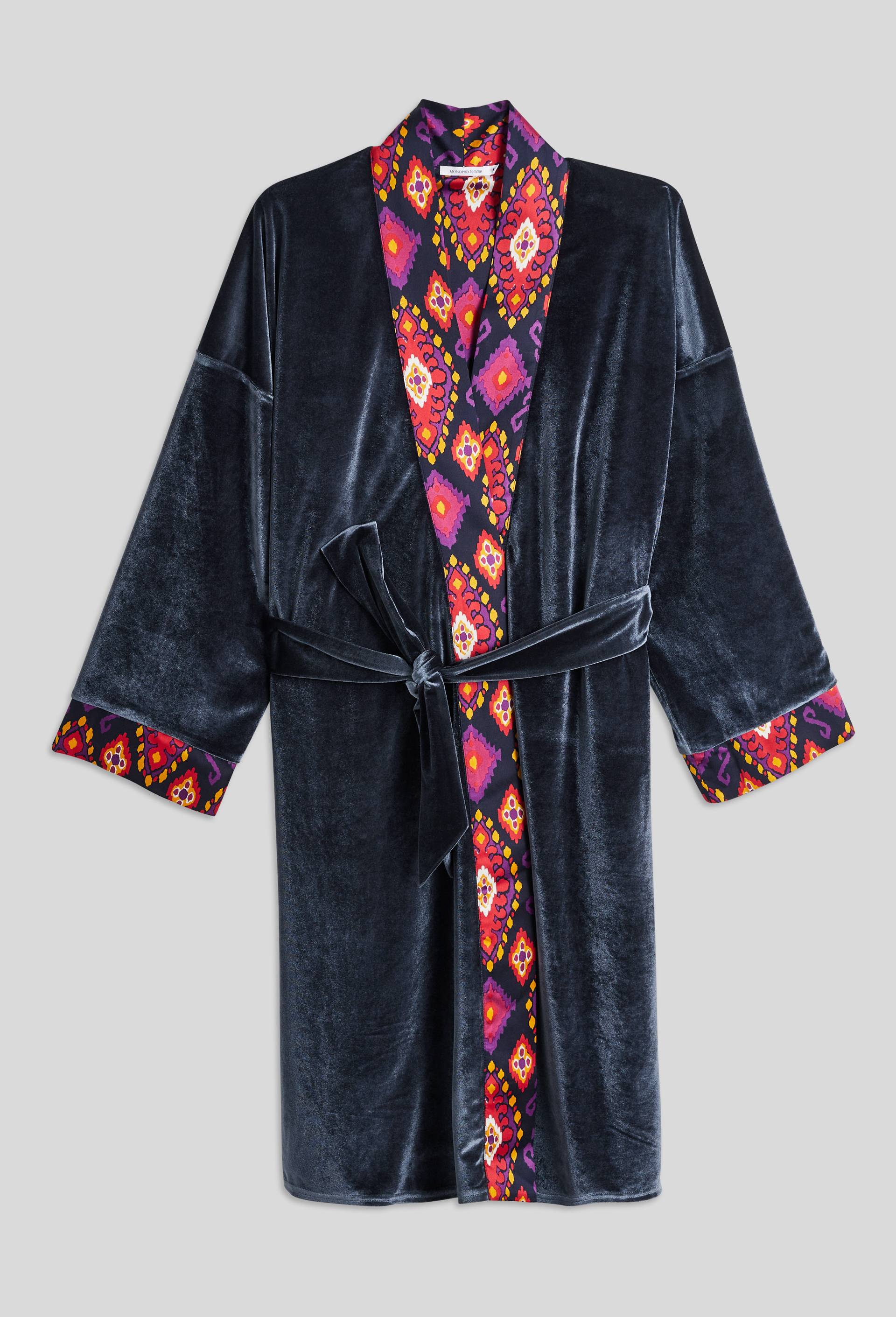 Kimono imprimé en satin avec intérieur velours, Bleu foncé, large image number 2.0