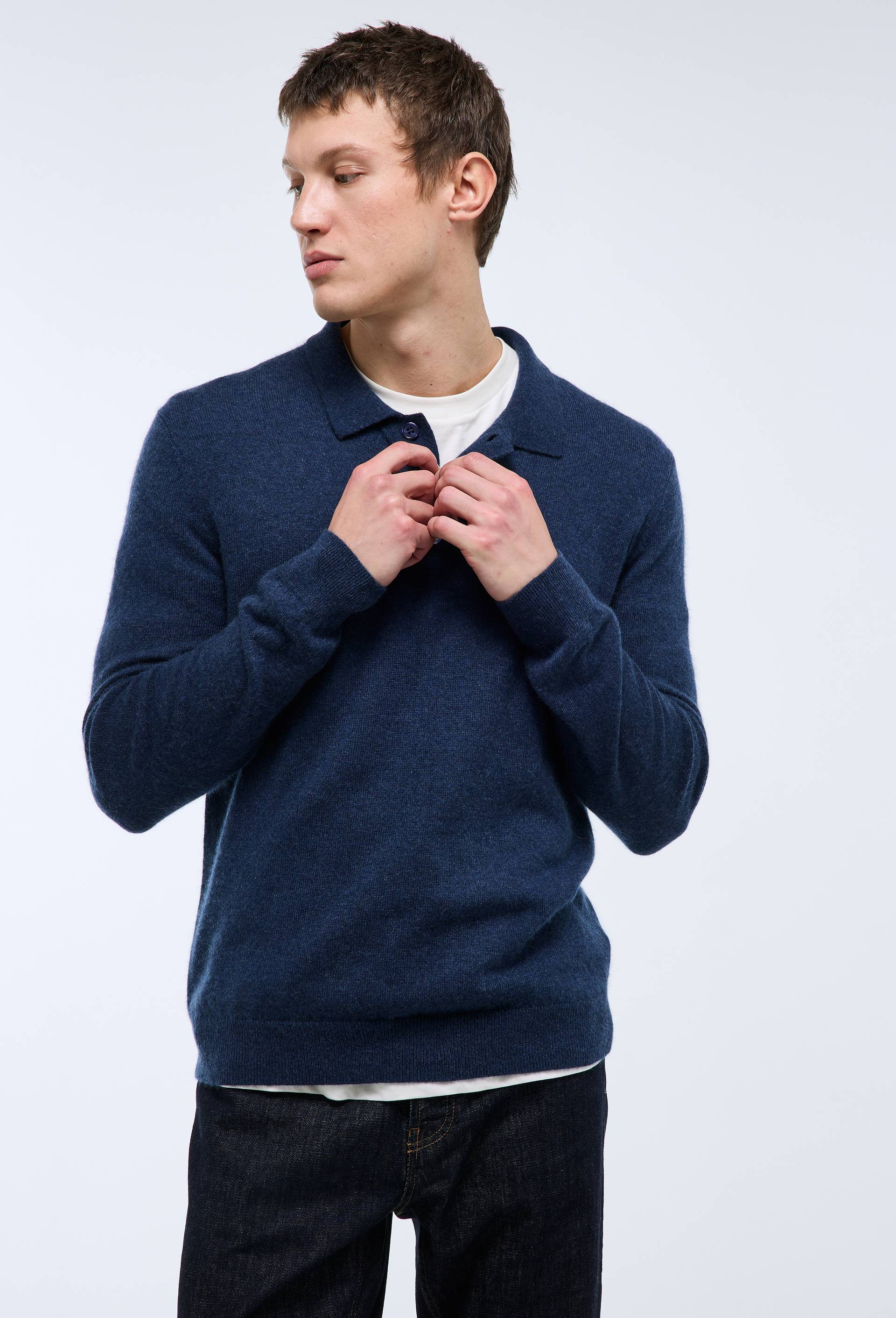 Pull col polo en 100% cachemire, Bleu fonc&eacute;, large image number 0