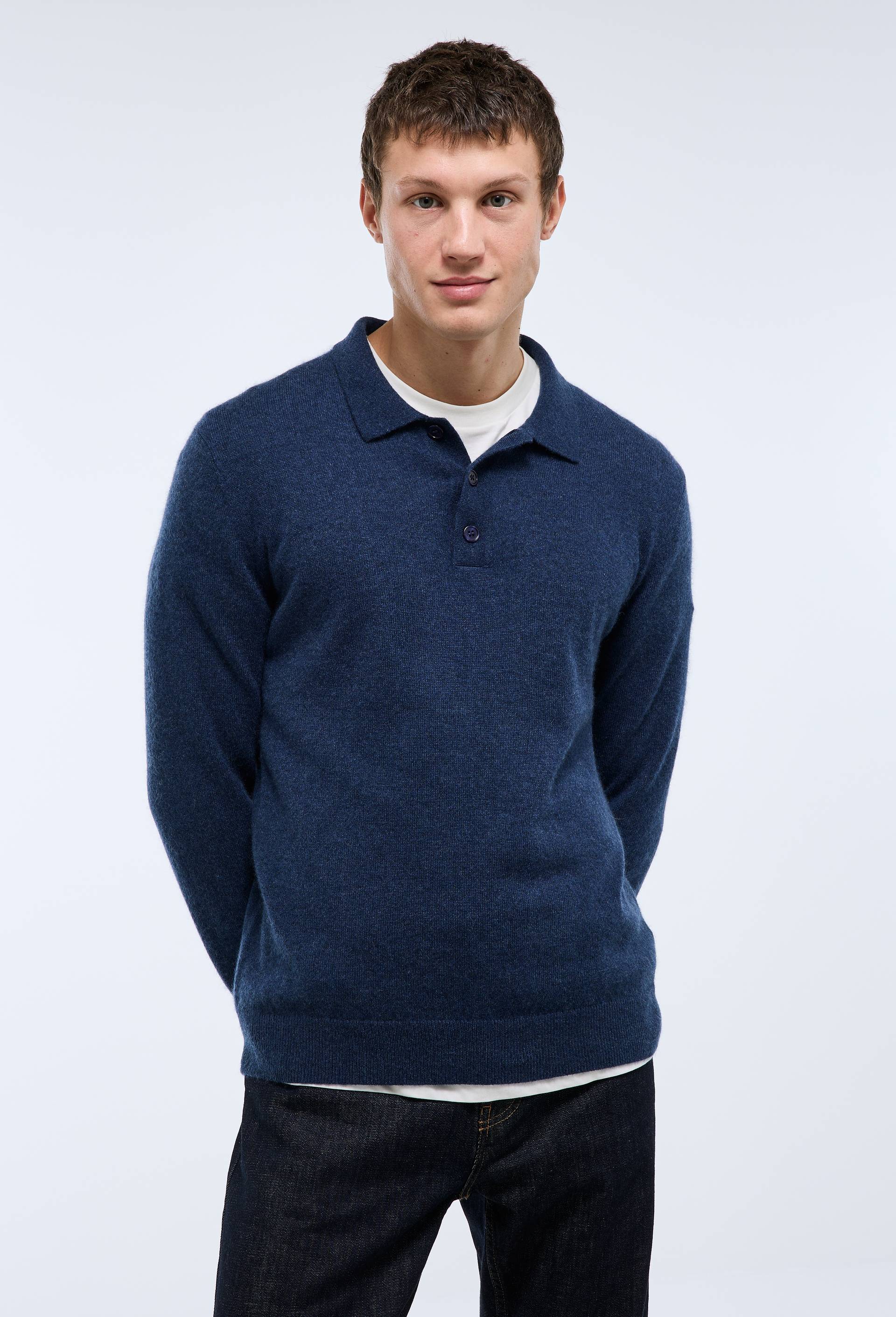 Pull col polo en 100% cachemire, Bleu fonc&eacute;, large image number 3.0