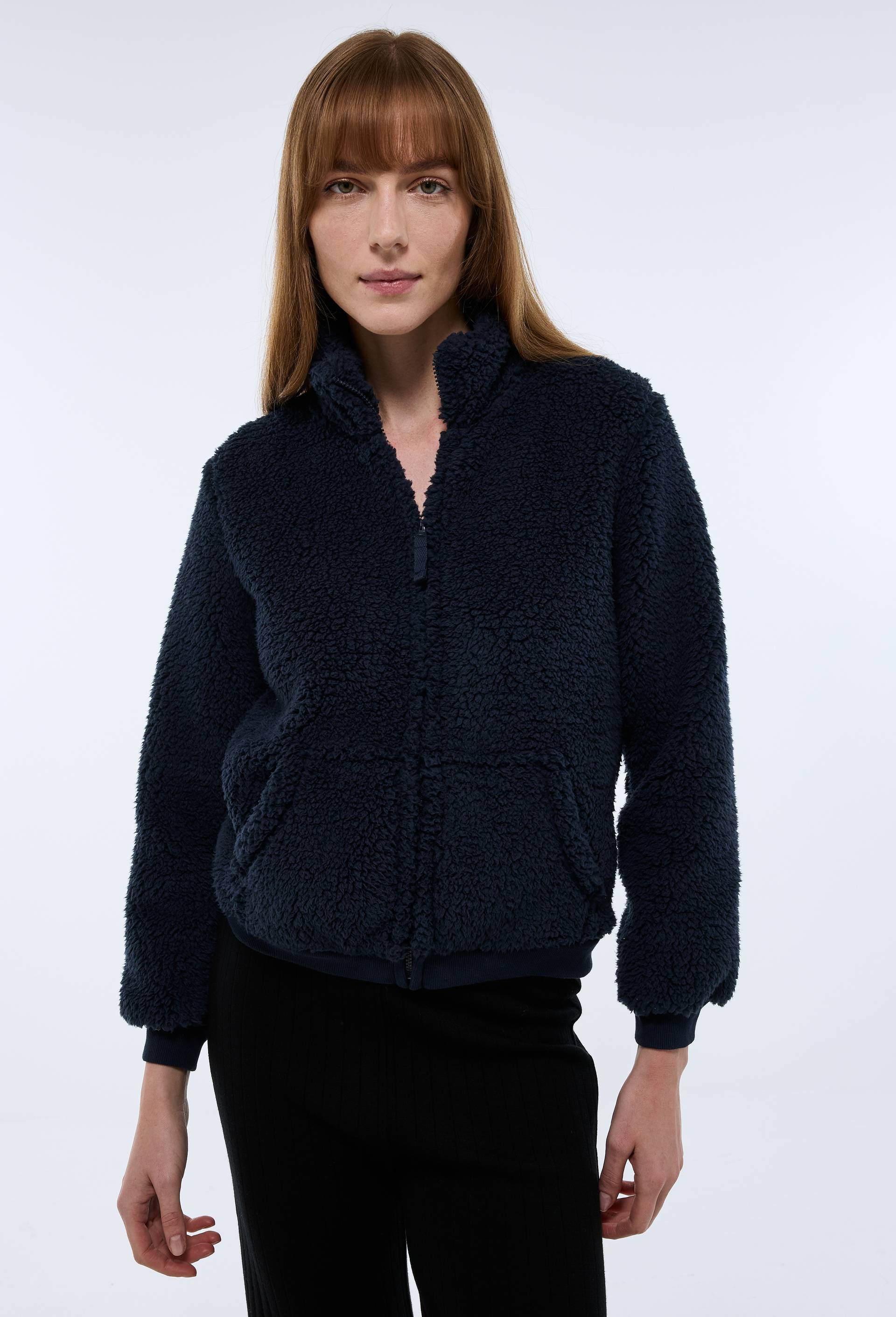 Veste zipp&eacute;e col montant en sherpa, Bleu fonc&eacute;, large image number 0