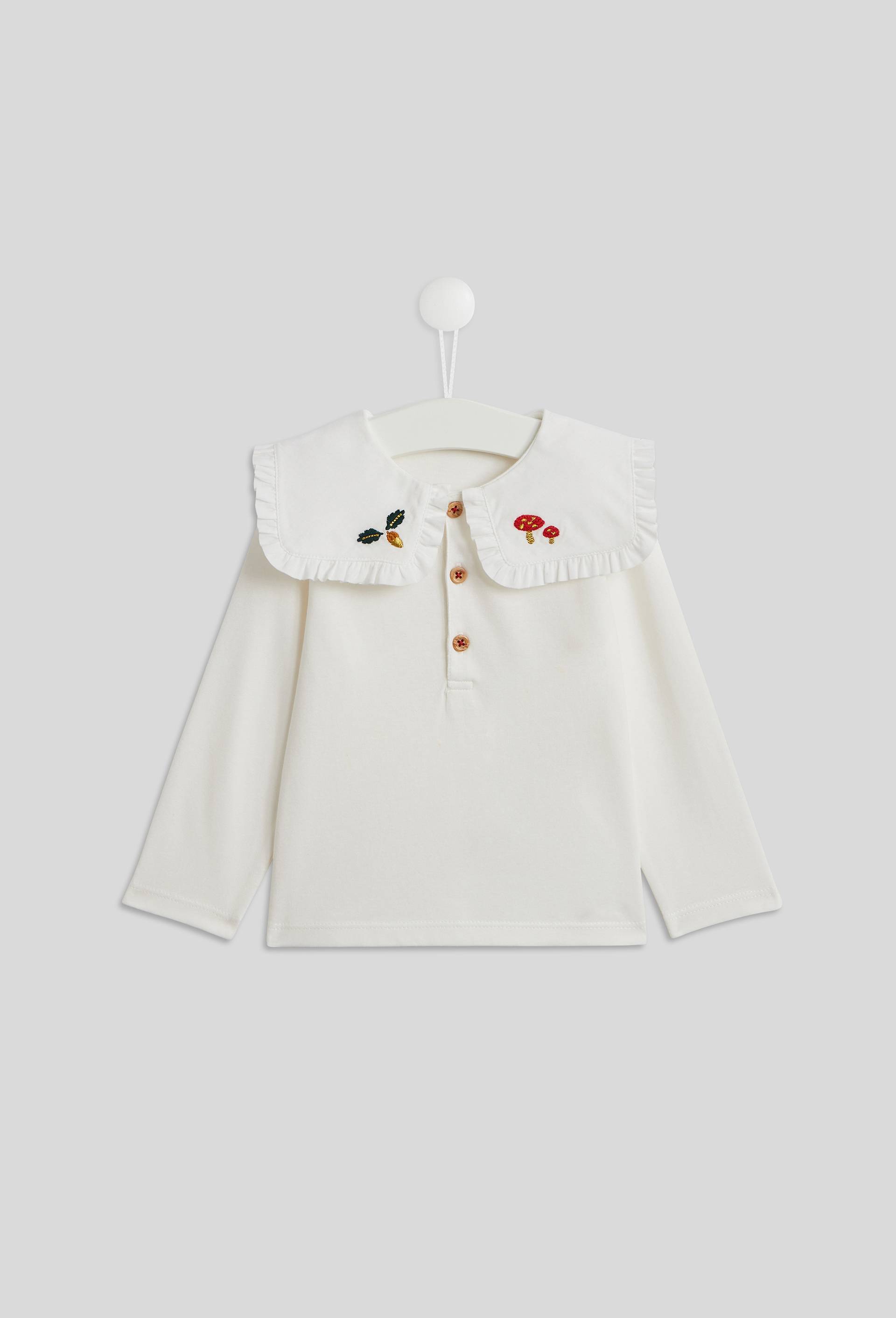Blouse unie grand col brodé gland et champignons manches longues, fille, en coton BIO, OEKO-TEX, Beige clair, large image number 0