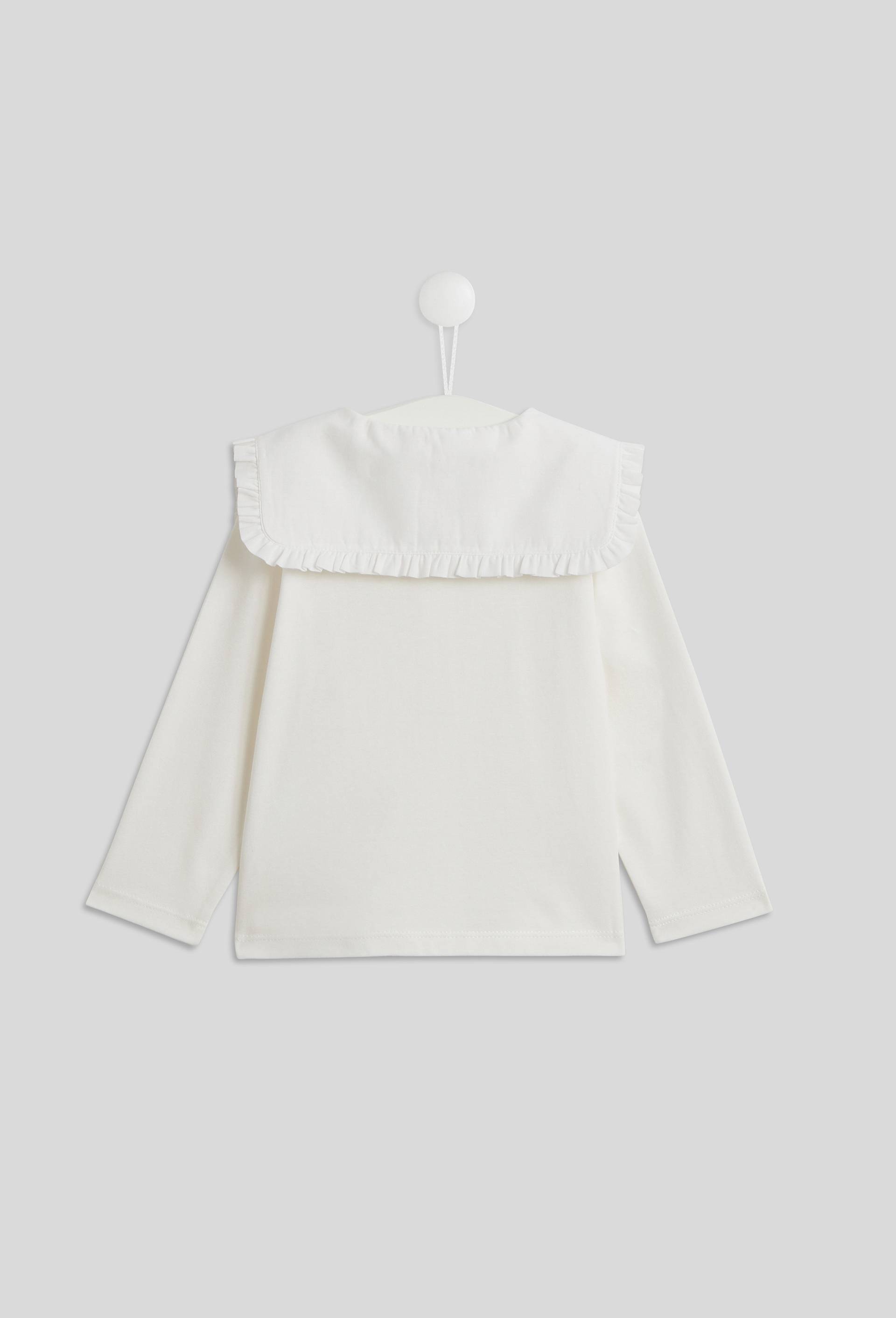 Blouse unie grand col brodé gland et champignons manches longues, fille, en coton BIO, OEKO-TEX, Beige clair, large image number 1