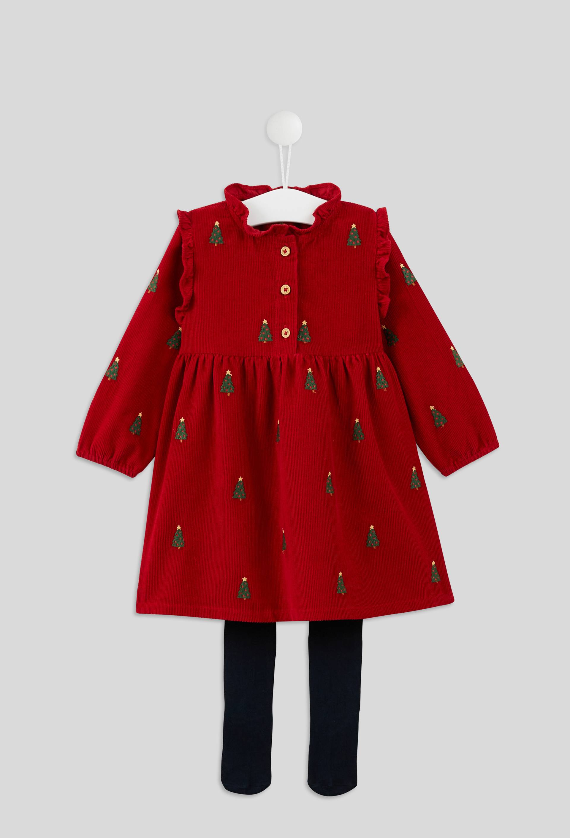 Robe brod&eacute;e en velours en coton BIO GOTS avec collant, Rouge, large image number 0.0