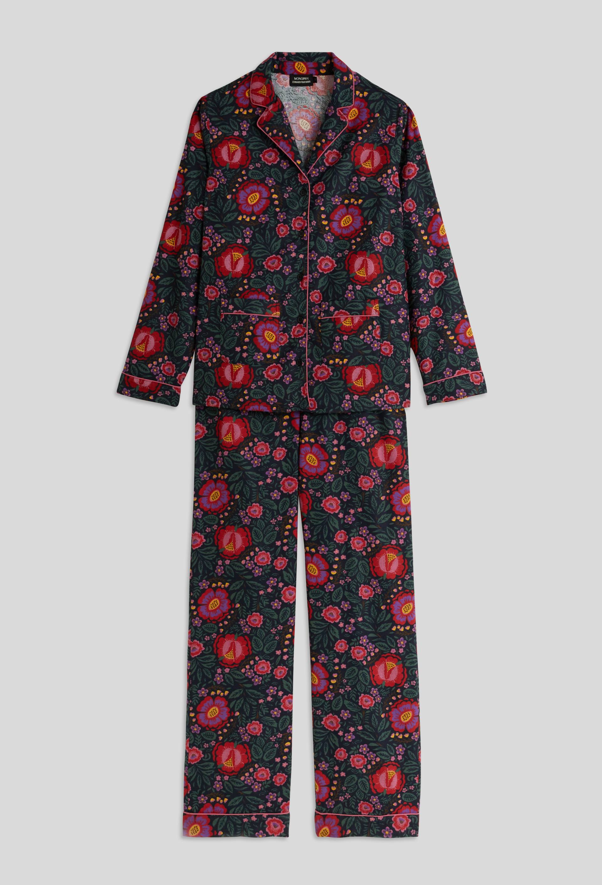 Pyjama col tailleur imprimé en flanelle 100% coton BIO, Noir, large image number 2