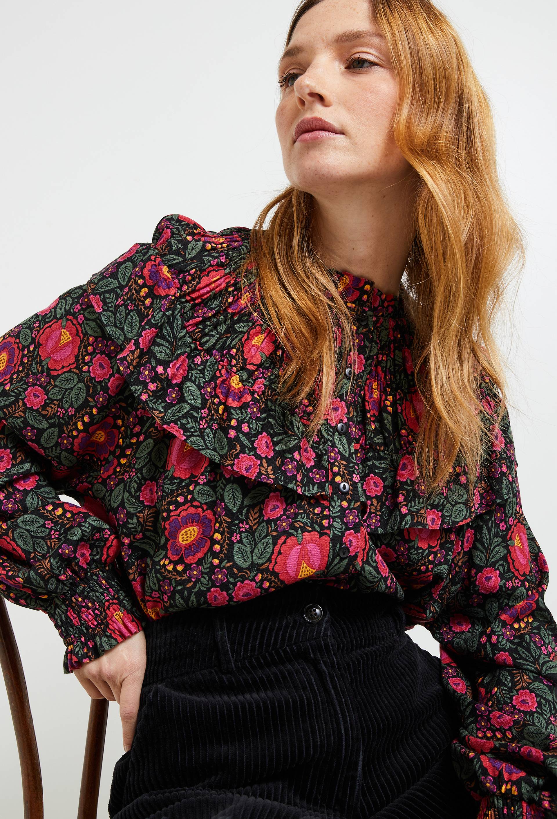Blouse manches longues imprimée avec détails volants, certifié Oeko-Tex, Noir, large image number 0