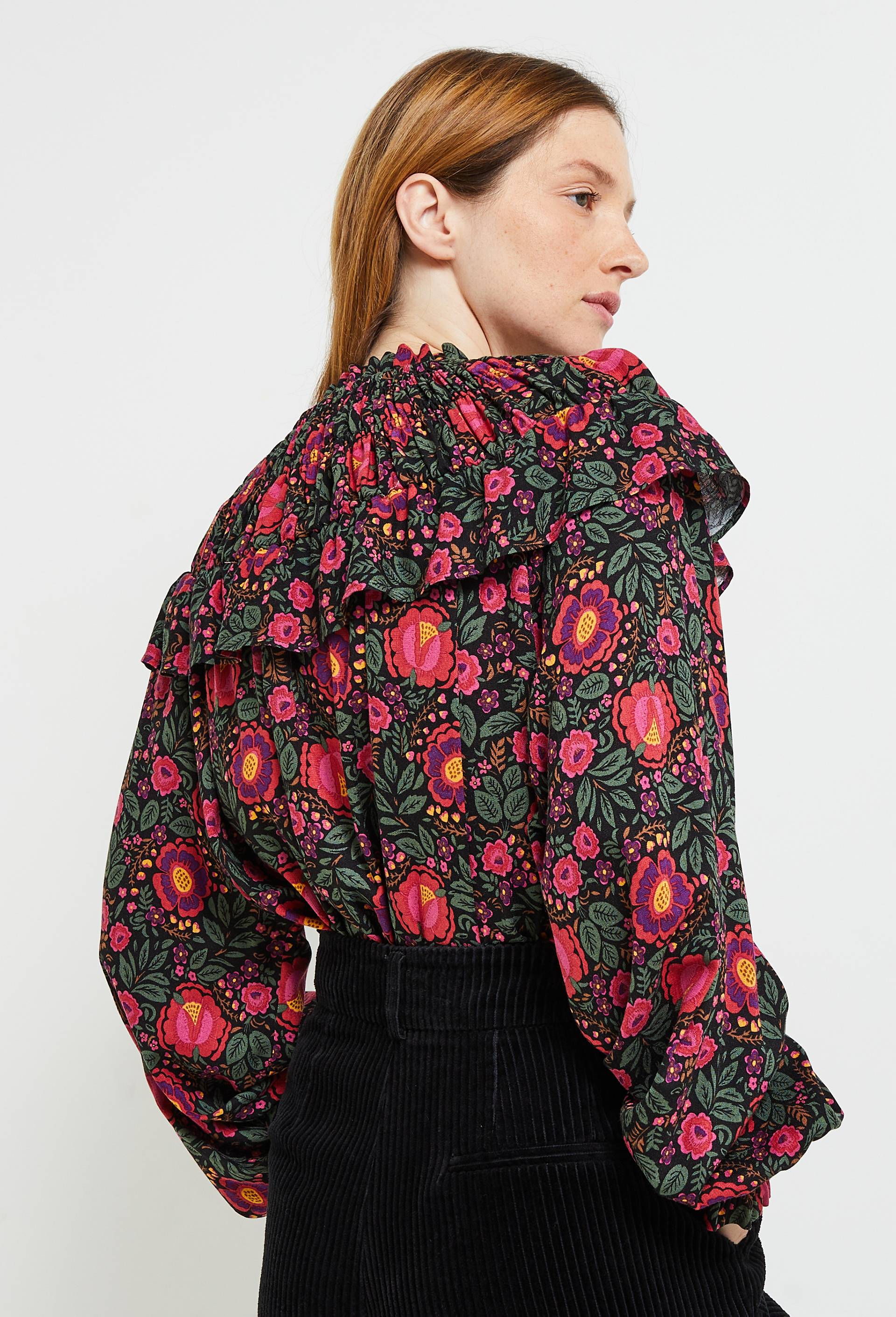 Blouse manches longues imprimée avec détails volants, certifié Oeko-Tex, Noir, large image number 1.0