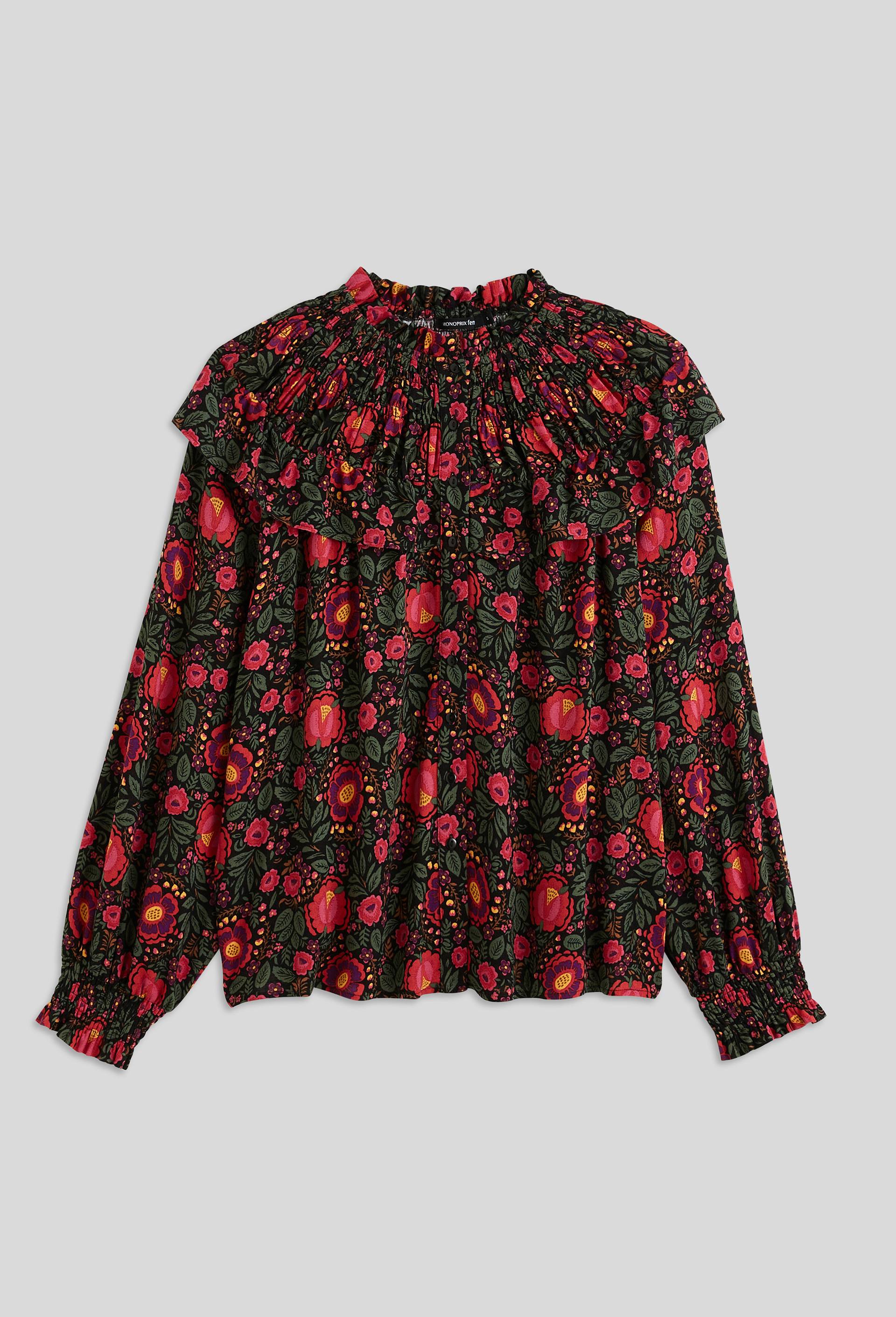 Blouse manches longues imprimée avec détails volants, certifié Oeko-Tex, Noir, large image number 2