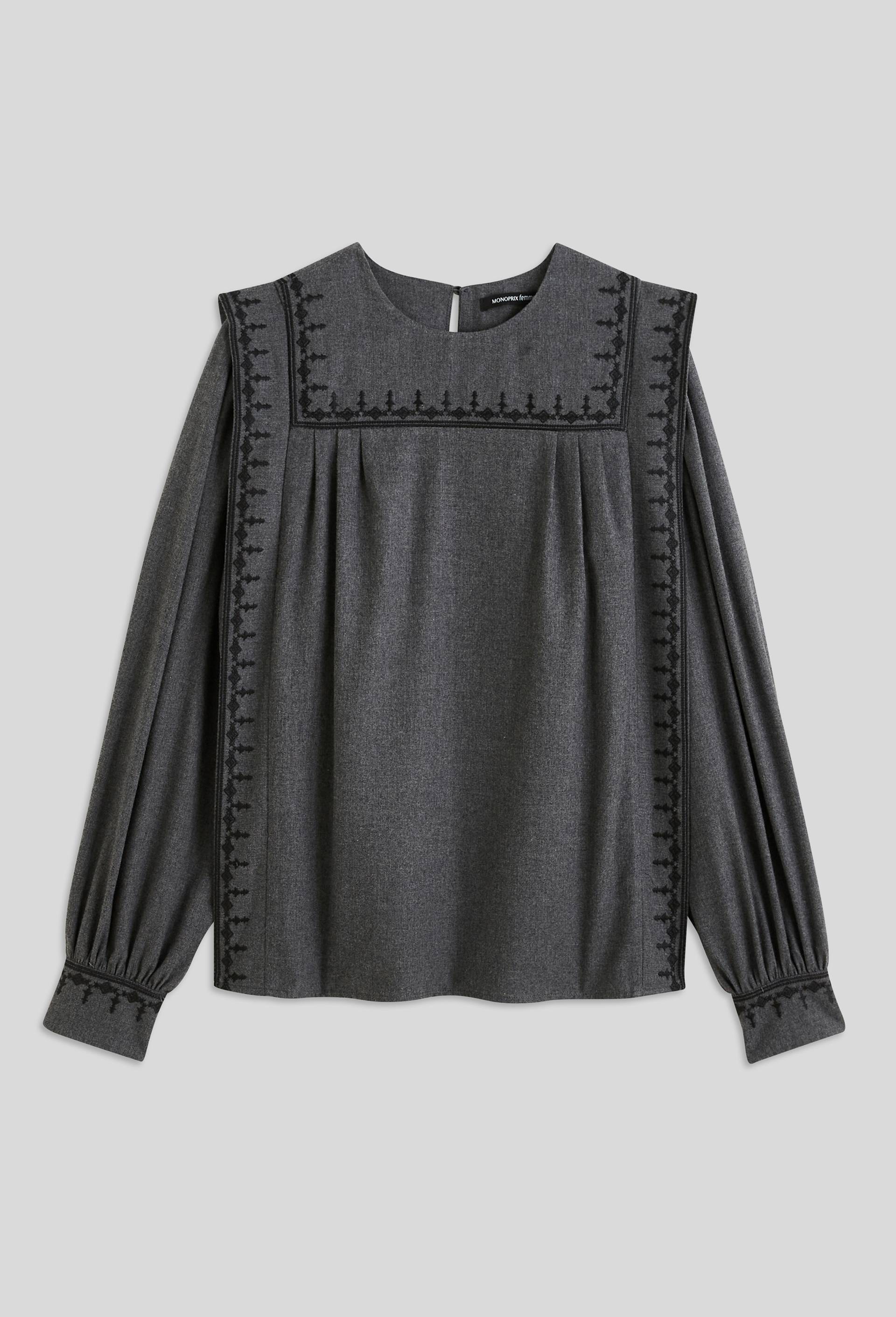 Top uni avec détails de broderie, certifié Oeko-Tex, Gris, large image number 2.0