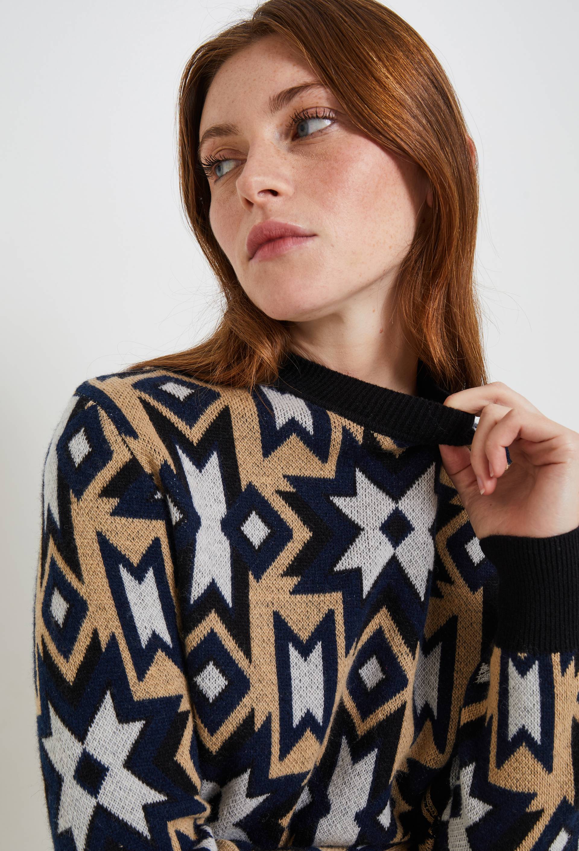 Pull col rond avec jacquard fantaisie en laine, Oeko-Tex, Noir, large image number 0