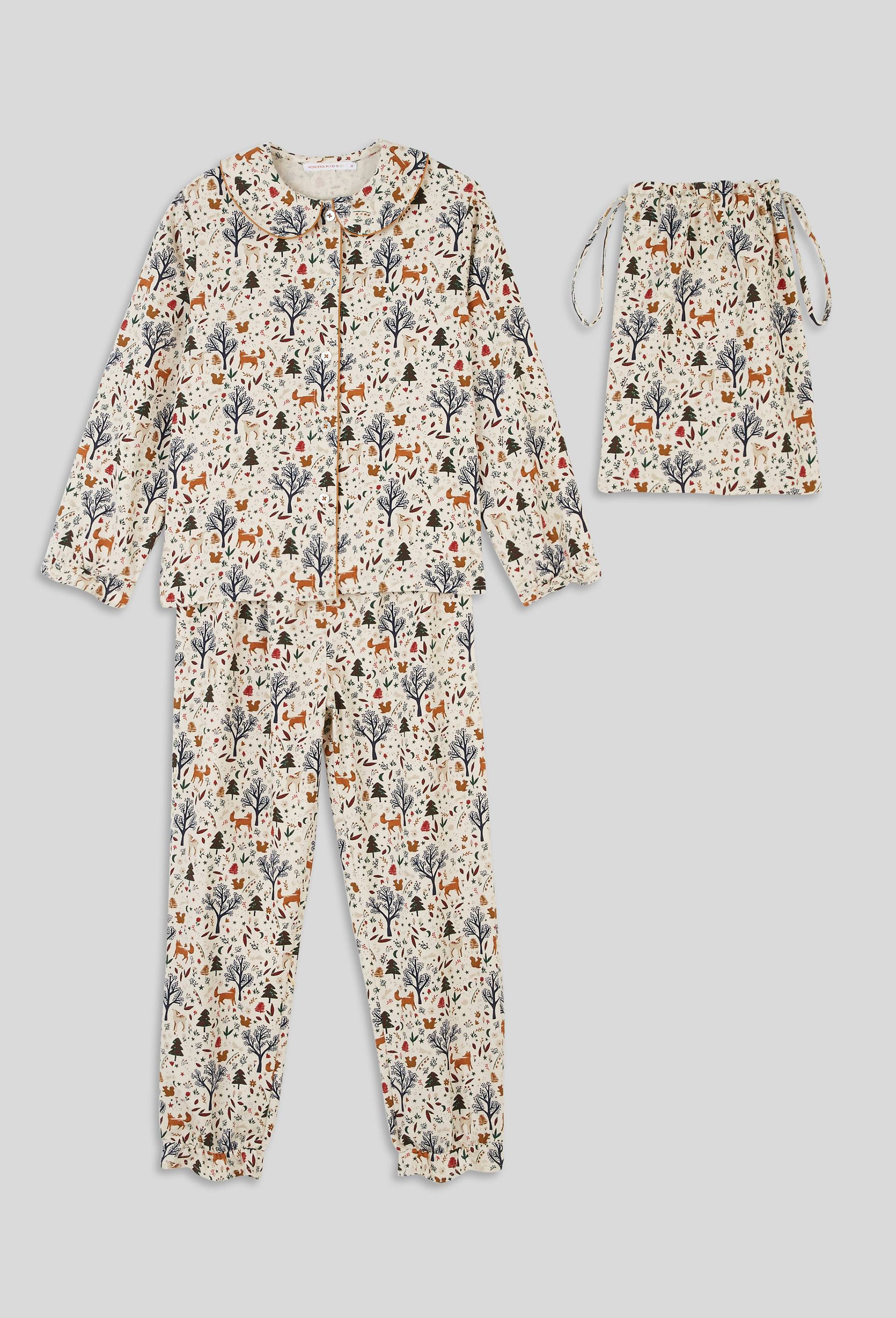 Pyjama long avec imprimé en coton BIO, certifié OEKO-TEX vendu avec un pochon, Beige clair, large image number 0