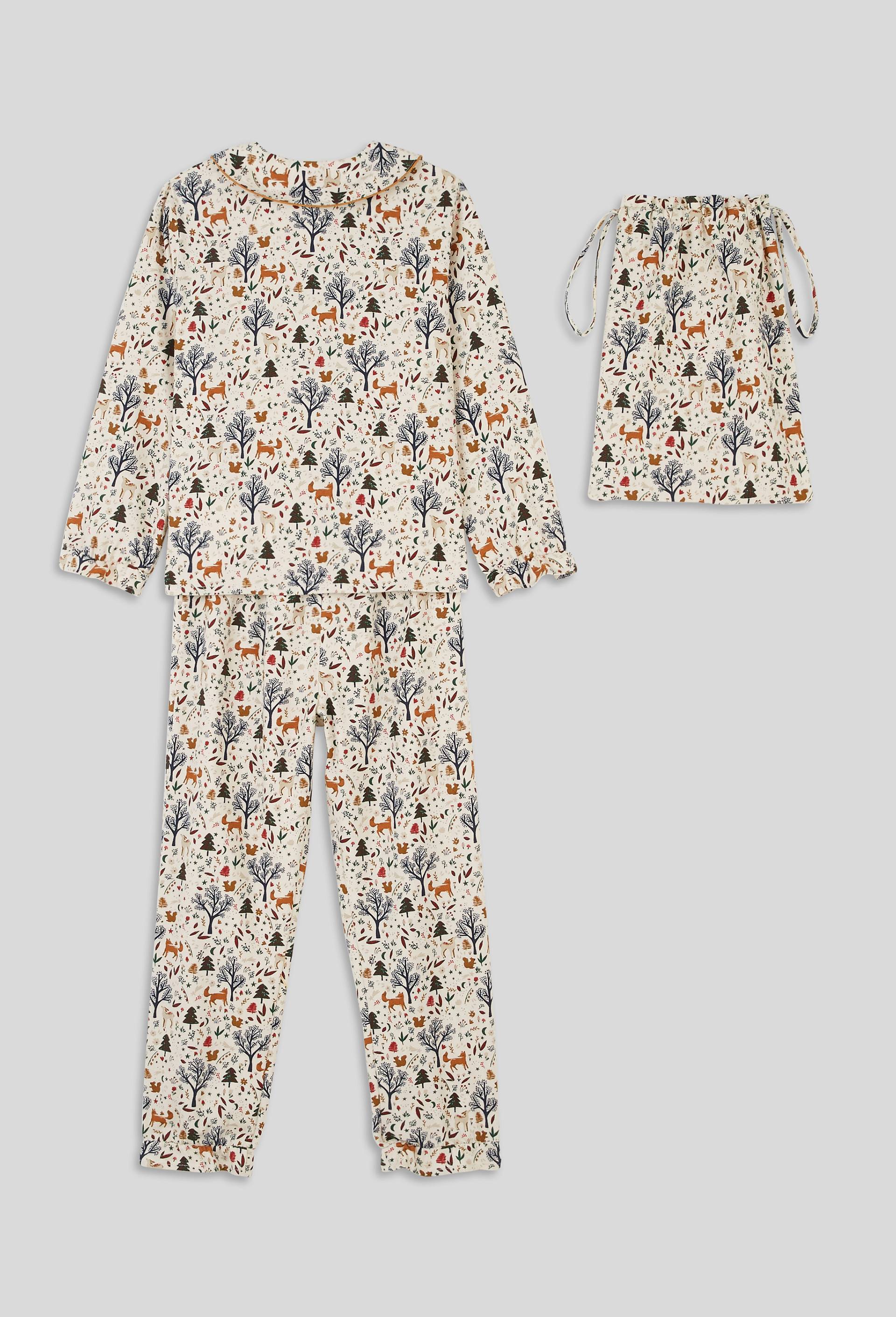 Pyjama long avec imprimé en coton BIO, certifié OEKO-TEX vendu avec un pochon, Beige clair, large image number 1.0
