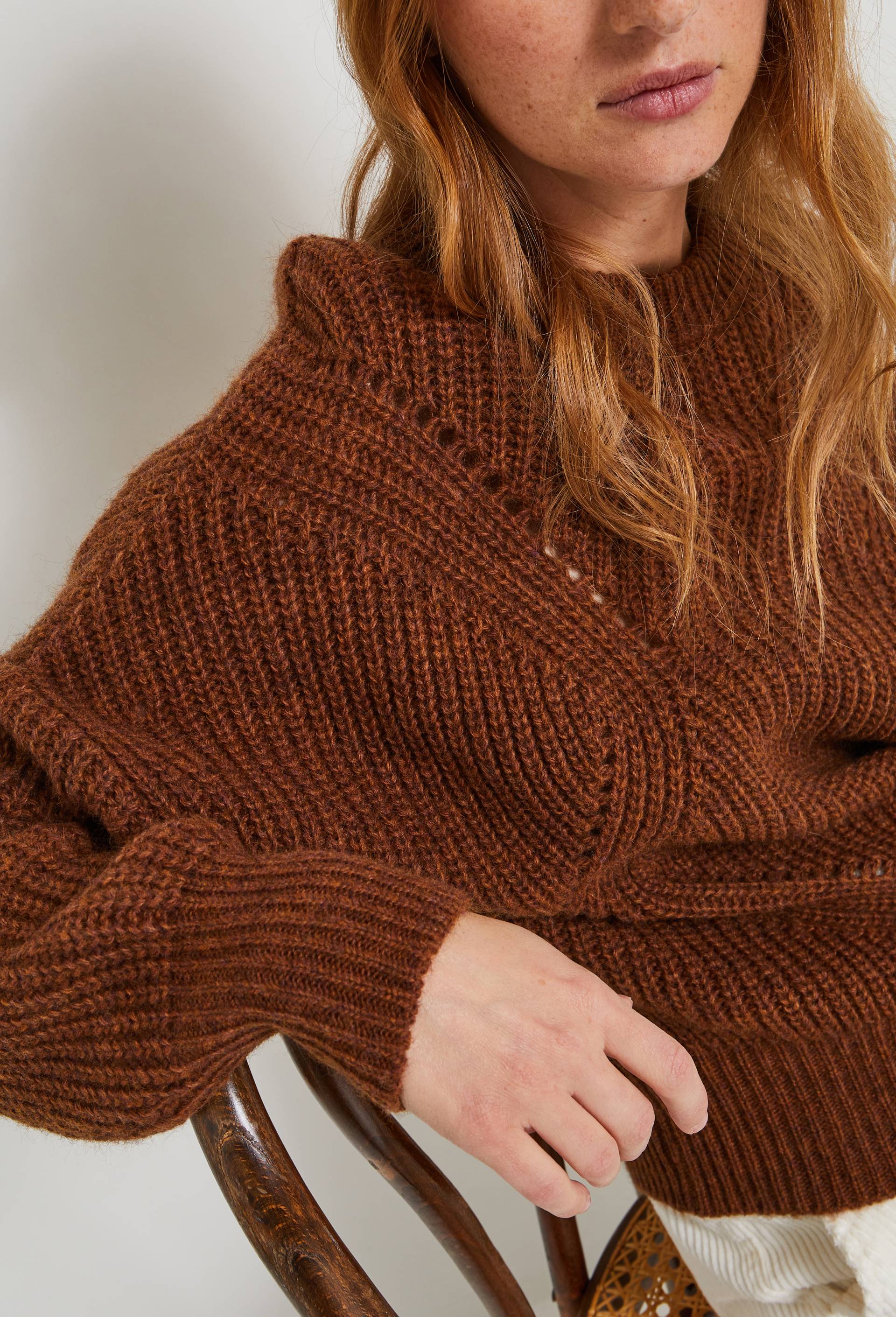 Pull point fantaisie contenant de la laine, Brun clair, large image number 0.0