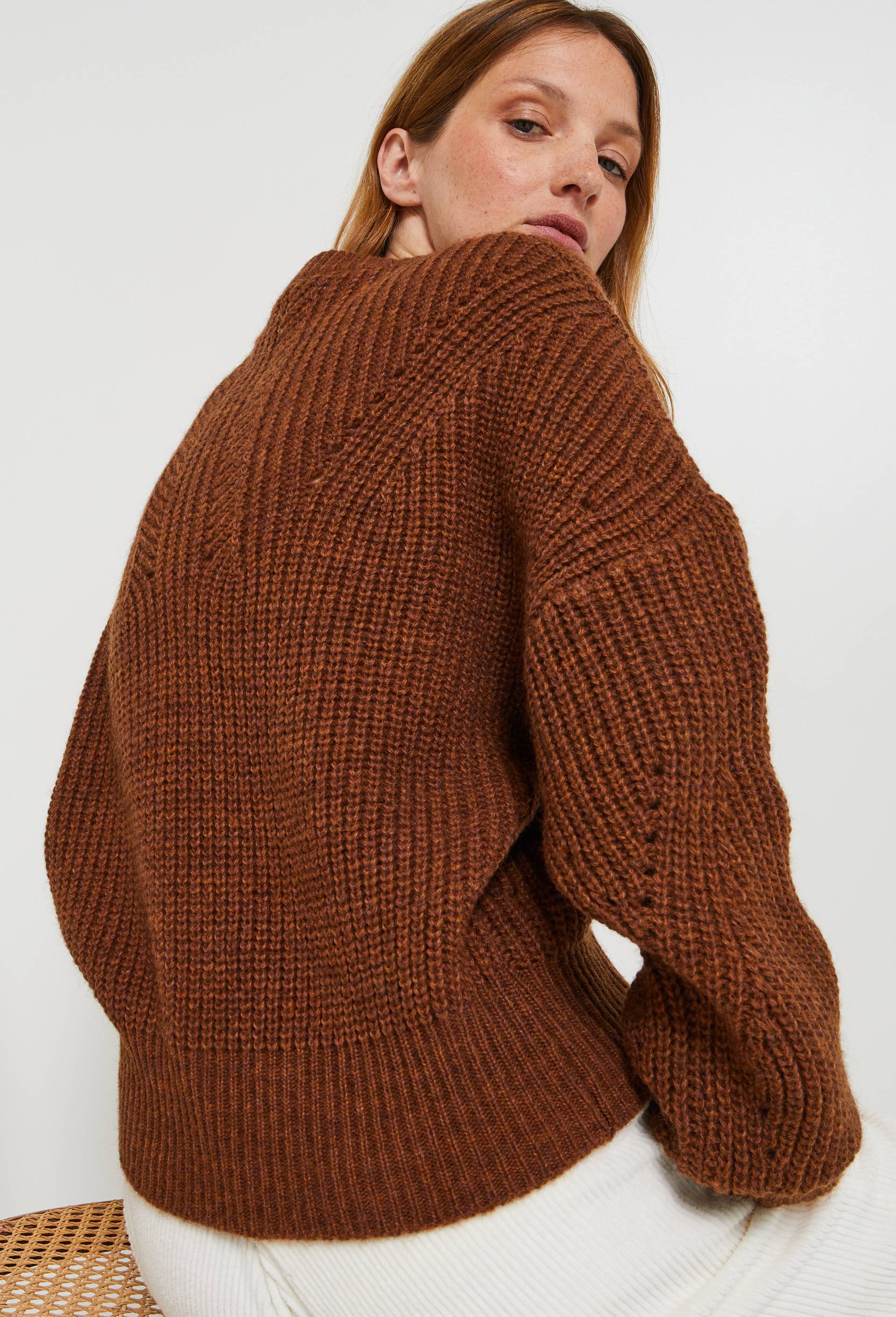 Pull point fantaisie contenant de la laine, Brun clair, large image number 1