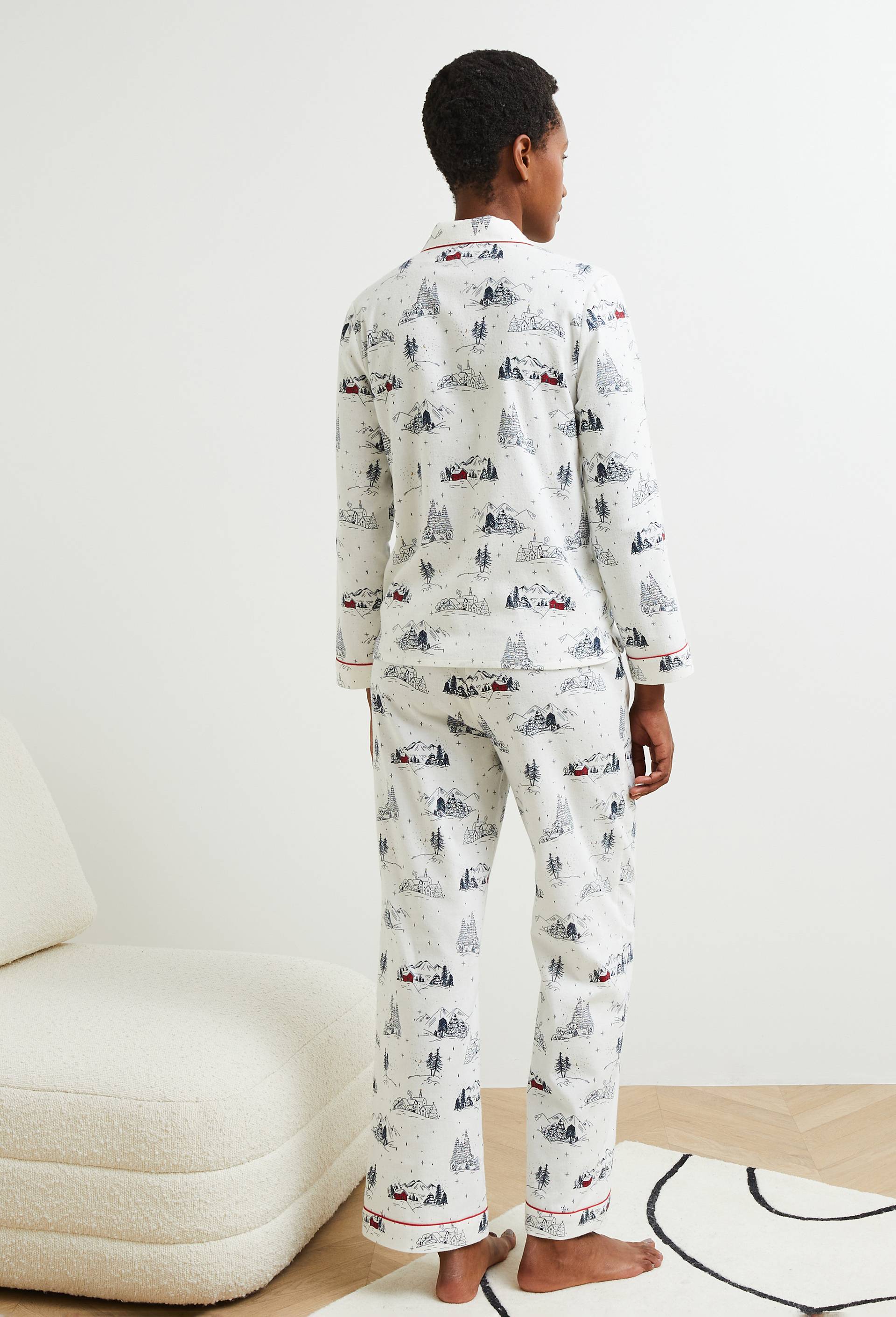 Pyjama col tailleur imprimé en flanelle 100% coton, Oeko-Tex, Ecru, large image number 1