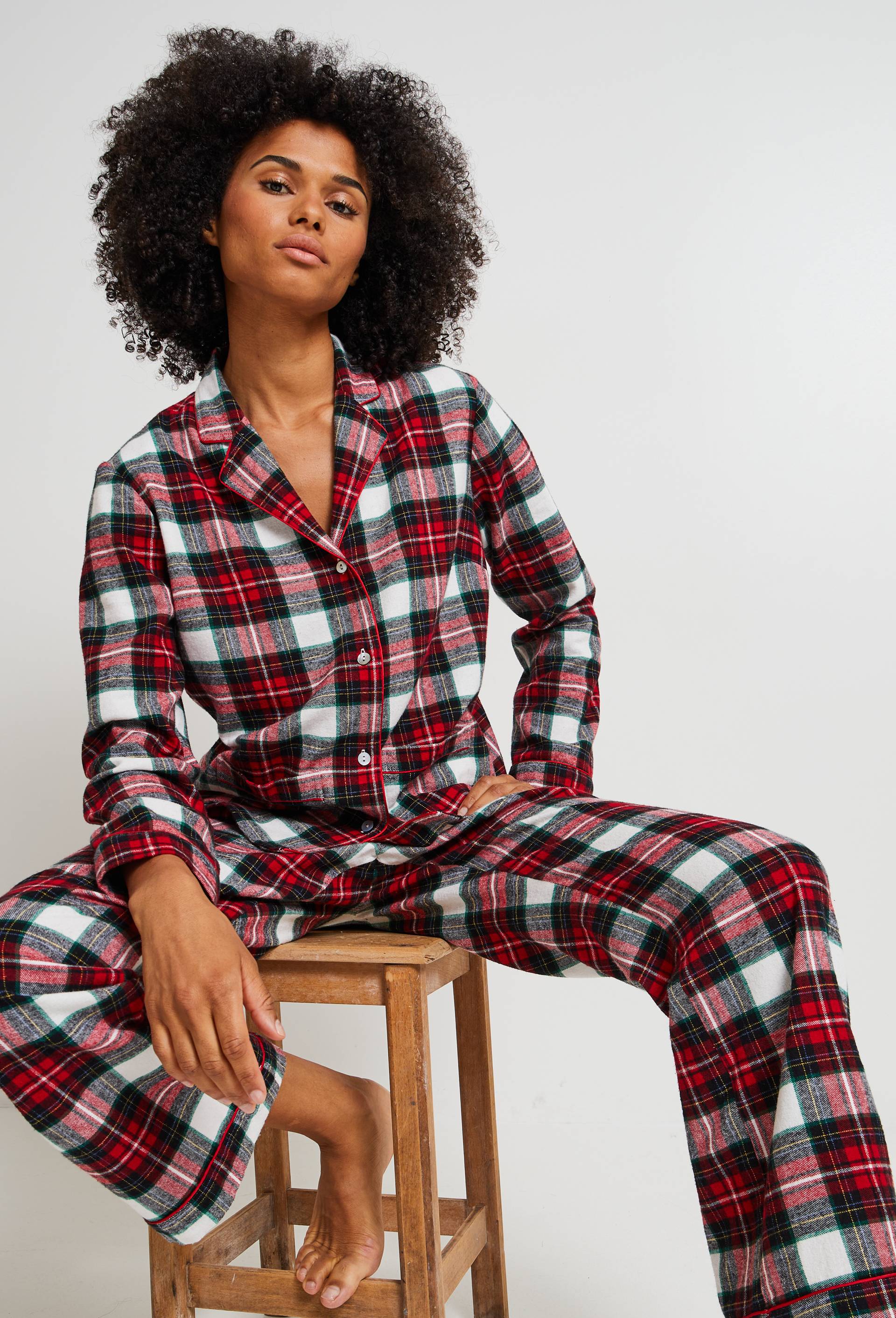Pyjama col tailleur à carreaux en flanelle 100% coton BIO, Rouge, large image number 0.0