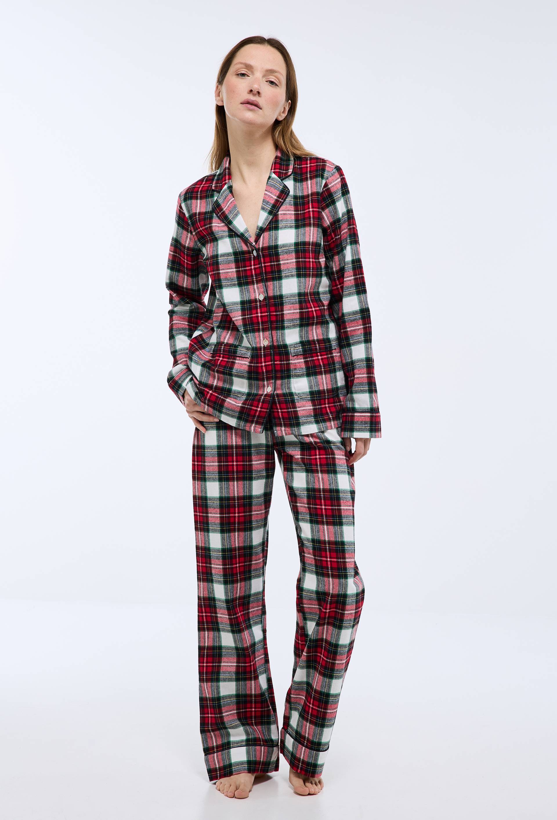 Pyjama col tailleur &agrave; carreaux en flanelle 100% coton BIO, Rouge, large image number 0