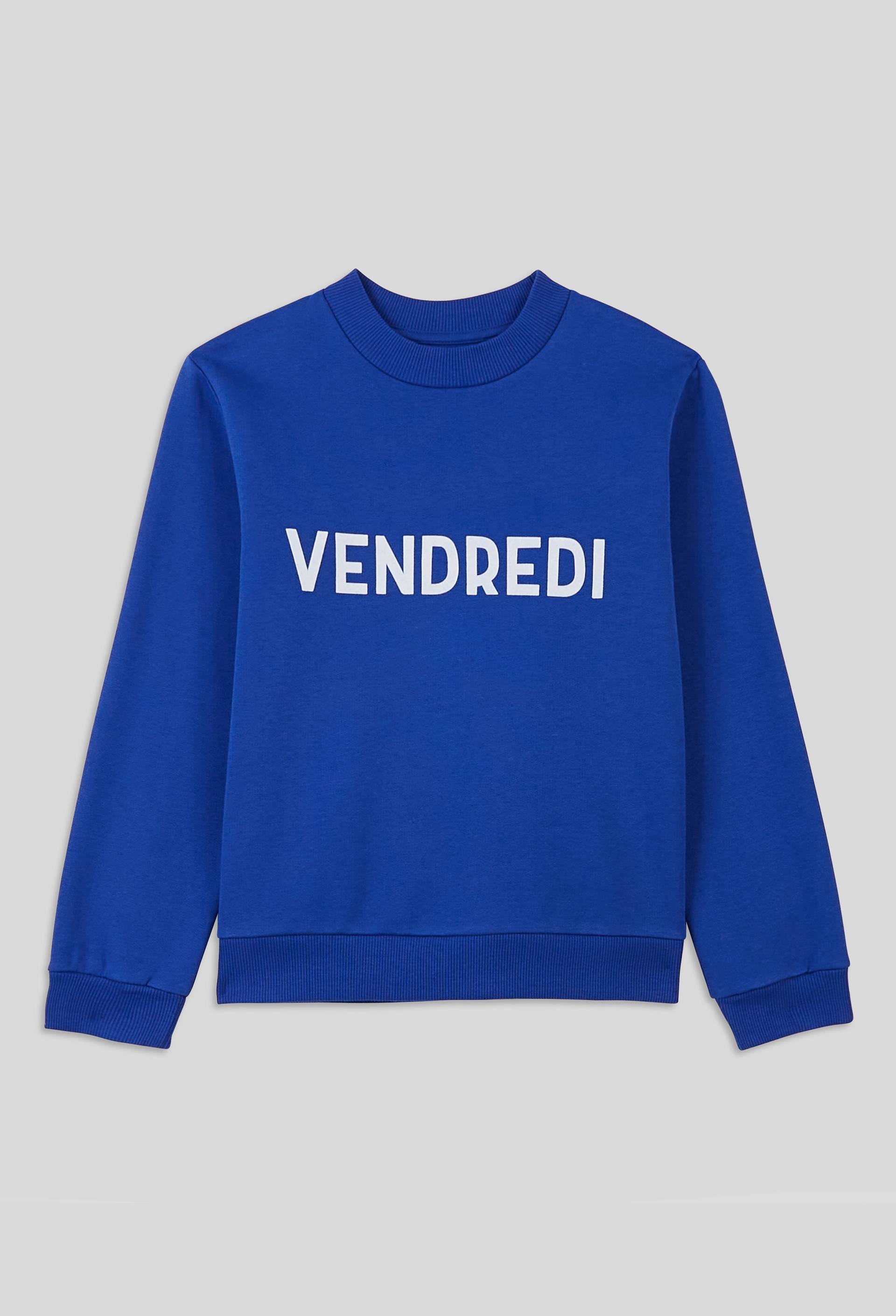 Sweat col rond uni avec imprimé vendredi contenant du coton BIO, certifié OEKO-TEX, Bleu, large image number 1.0