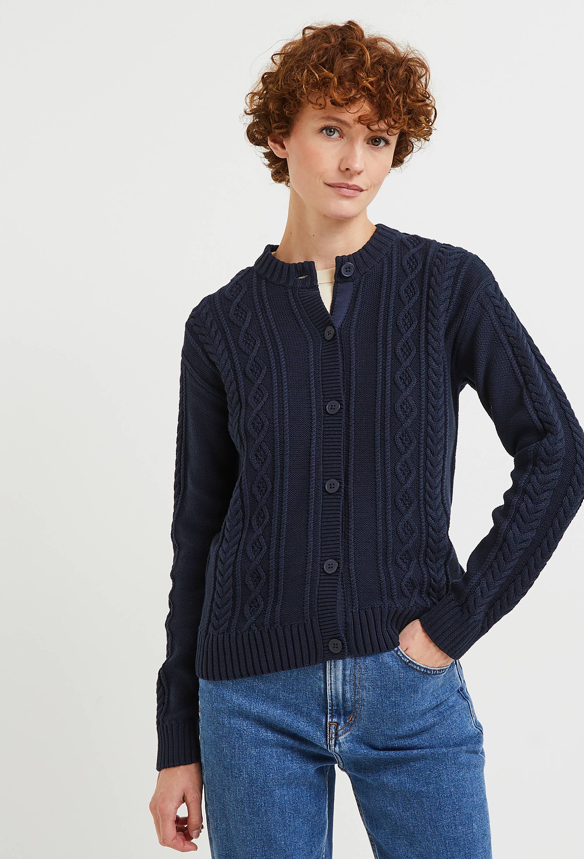 Cardigan boutonné contenant du coton recyclé, certifié OEKO-TEX, Bleu foncé, large image number 0