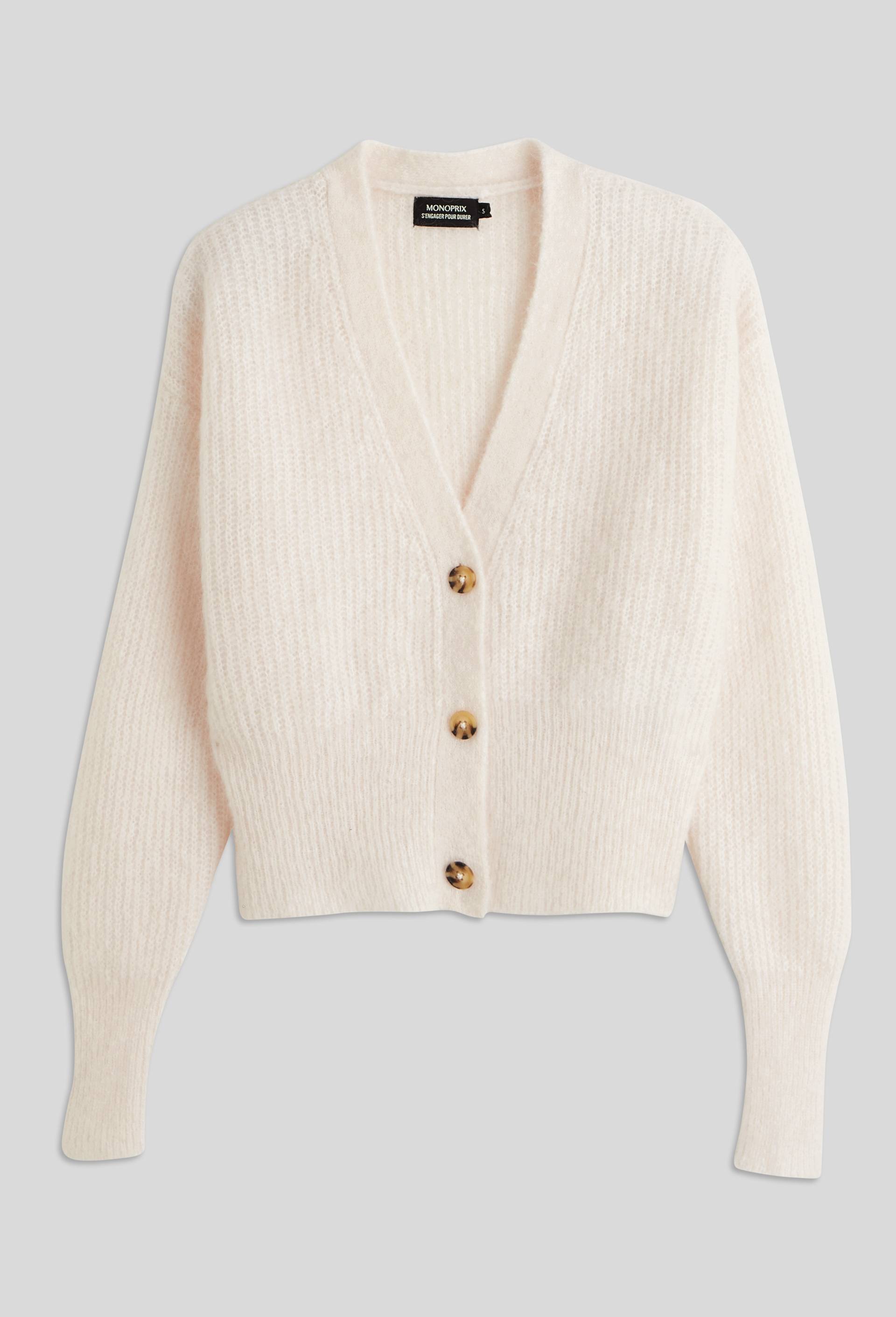 Cardigan court boutonné contenant du mohair, Ecru, large image number 2