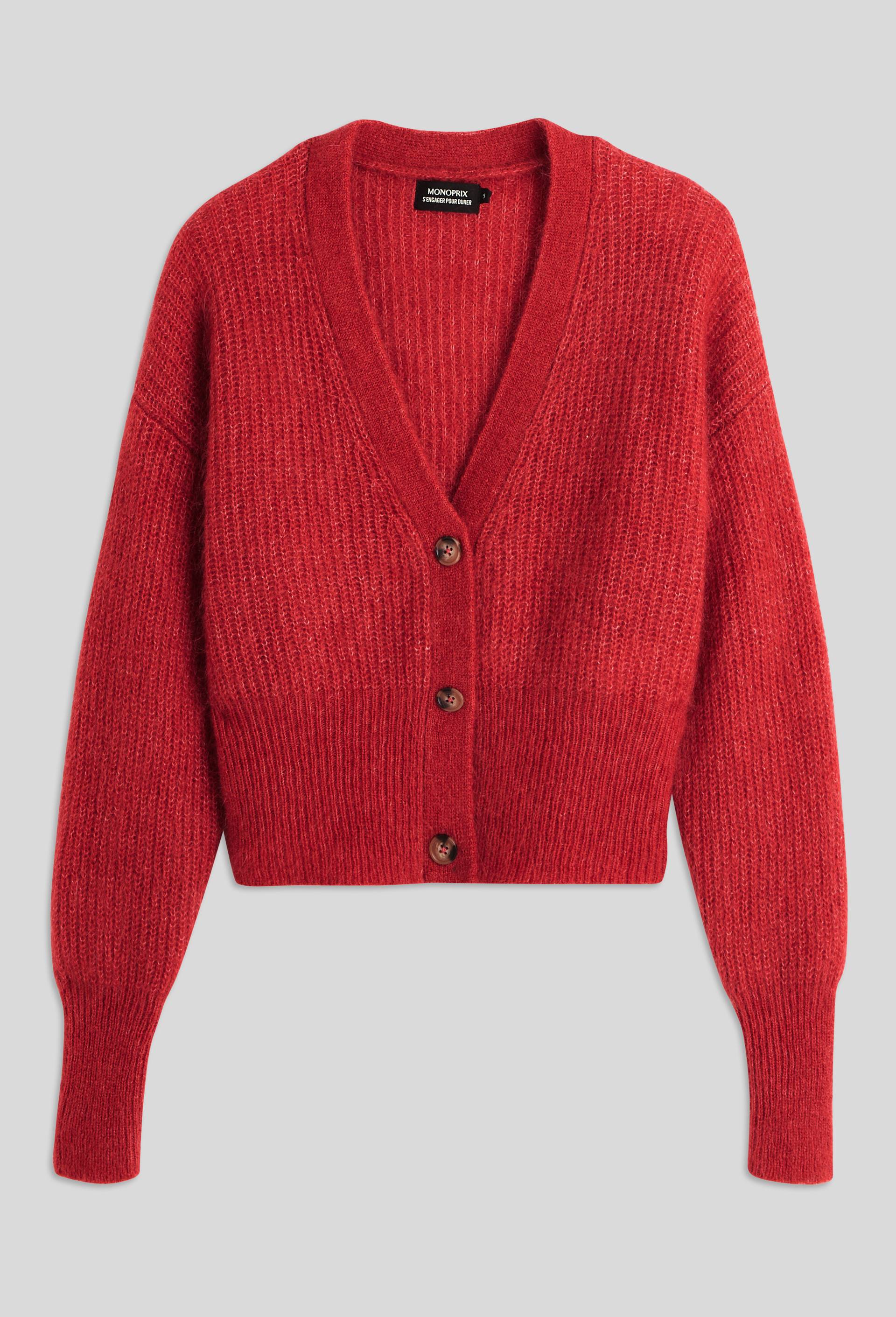 Cardigan court boutonné contenant du mohair, Rouge, large image number 2.0