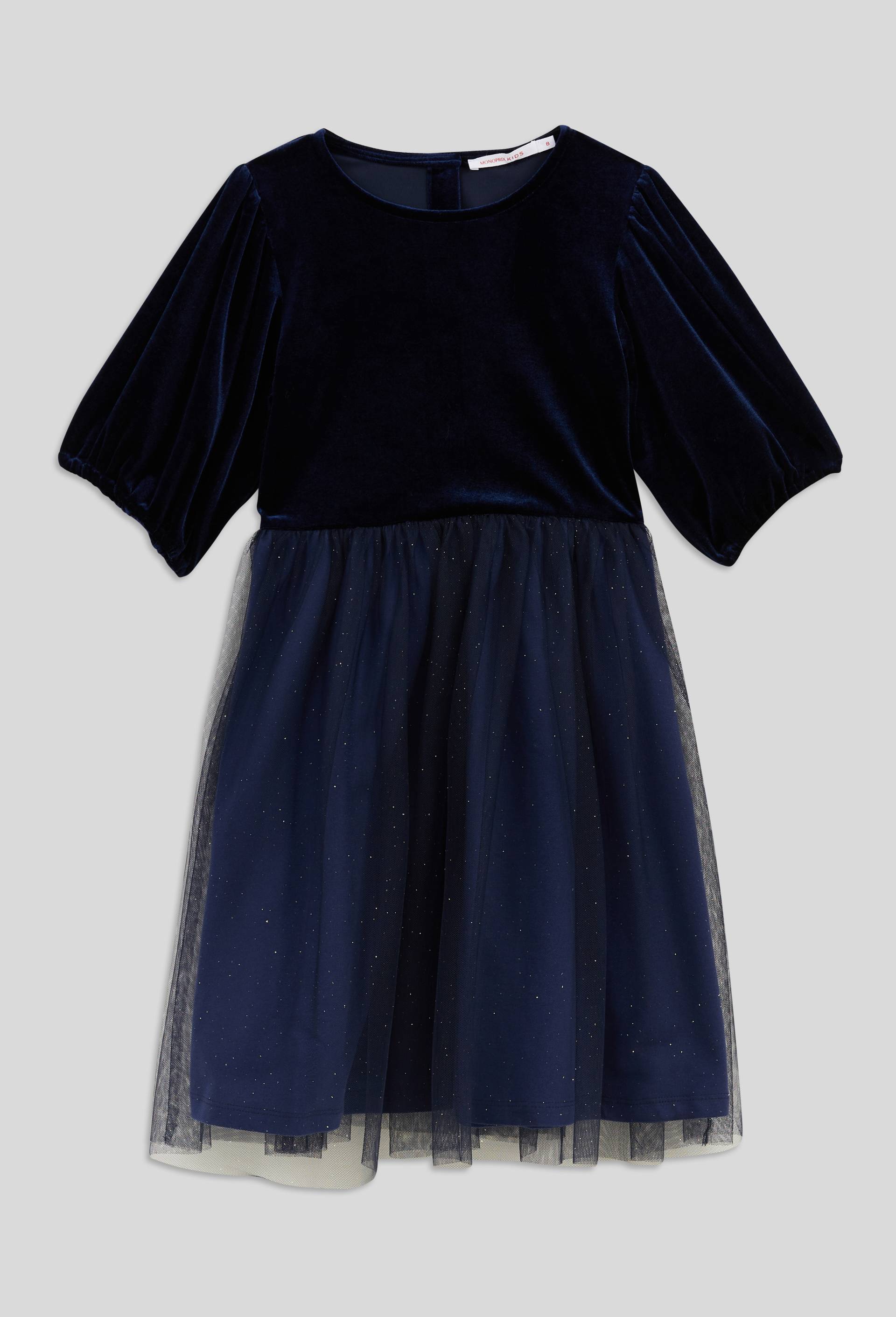 Robe bi-matière en velours et tulle, certifié OEKO-TEX, Bleu foncé, large image number 0