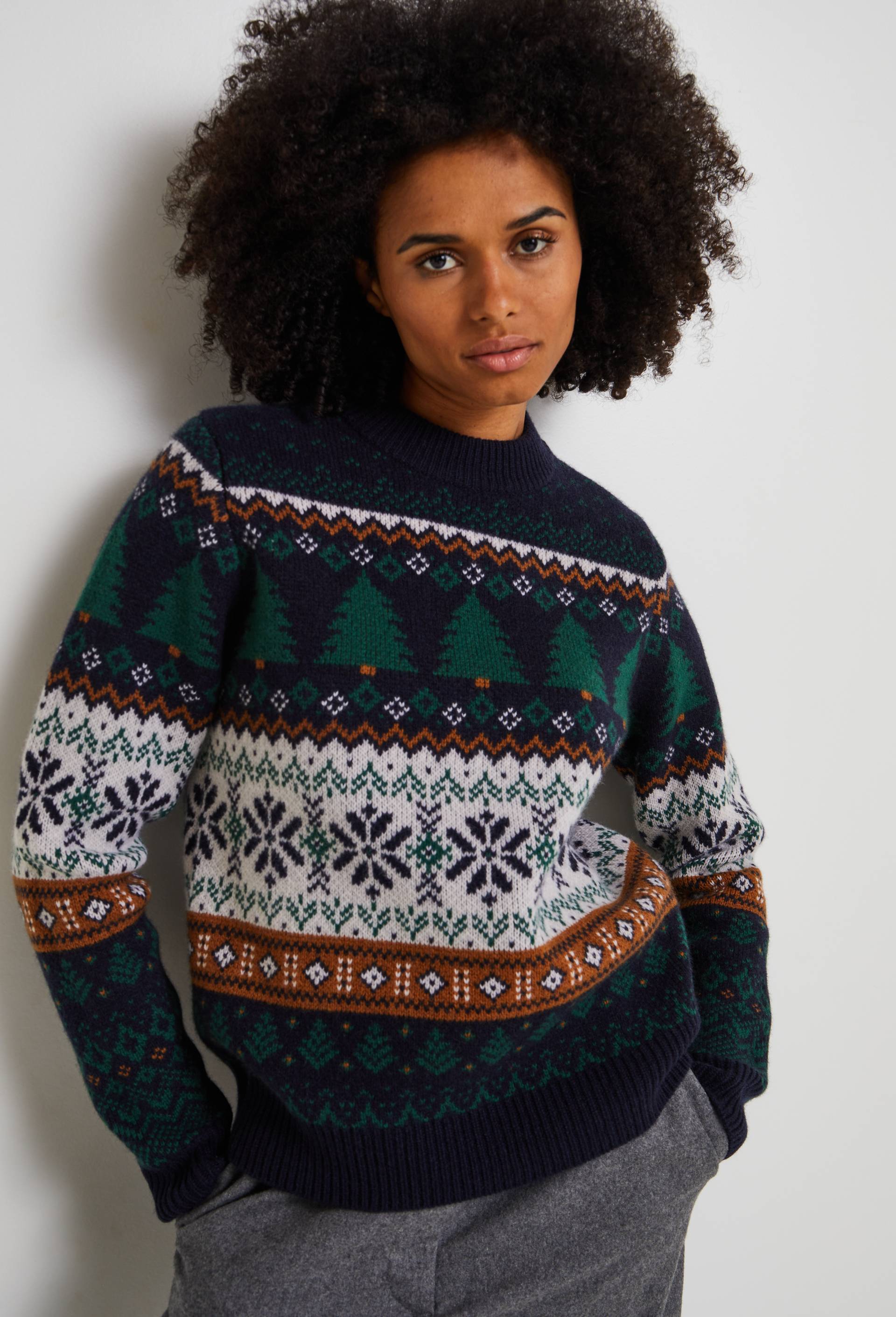 Pull jacquard fantaisie en laine;, Bleu foncé, swatch image