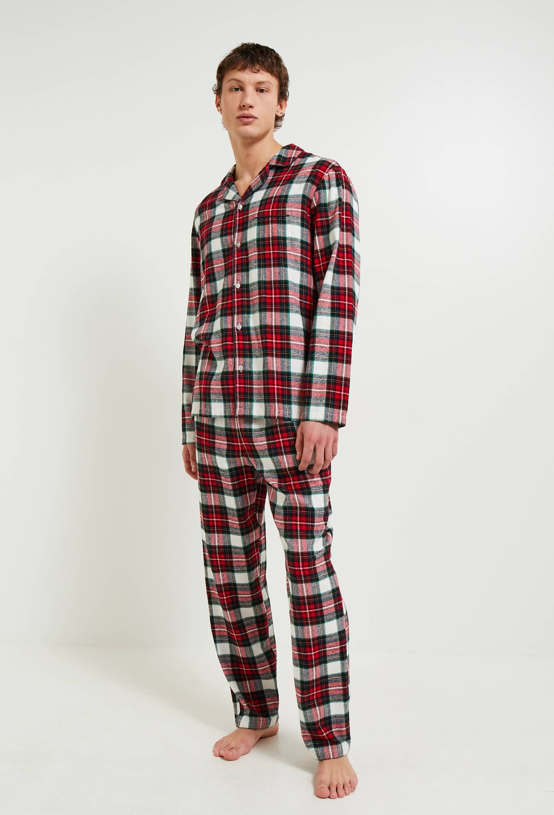 Pyjama chemise manches longues et pantalon gratt&eacute; en coton BIO GOTS &agrave; carreaux, Ecru, large image number 0