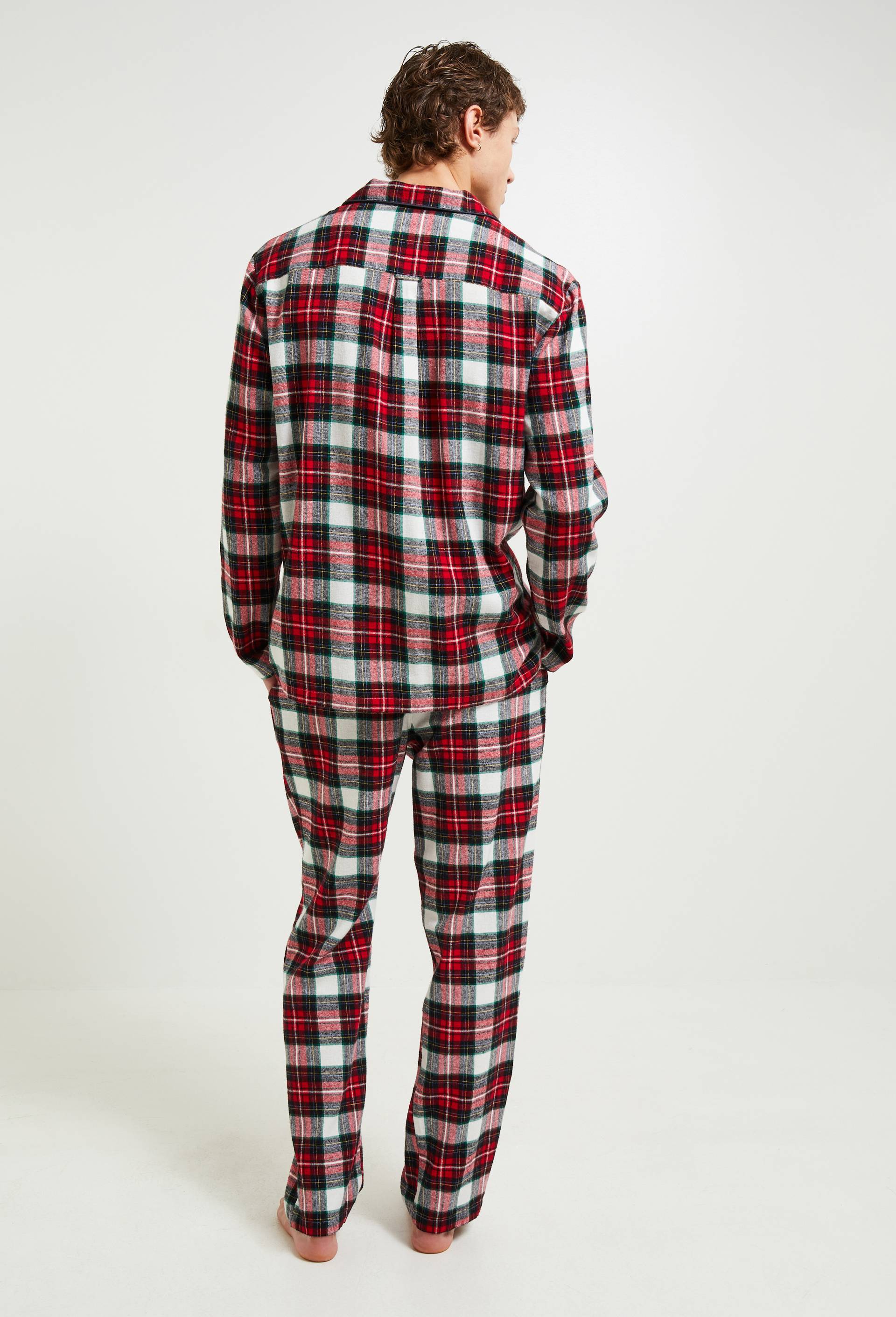 Pyjama chemise manches longues et pantalon gratt&eacute; en coton BIO GOTS &agrave; carreaux, Ecru, large image number 1