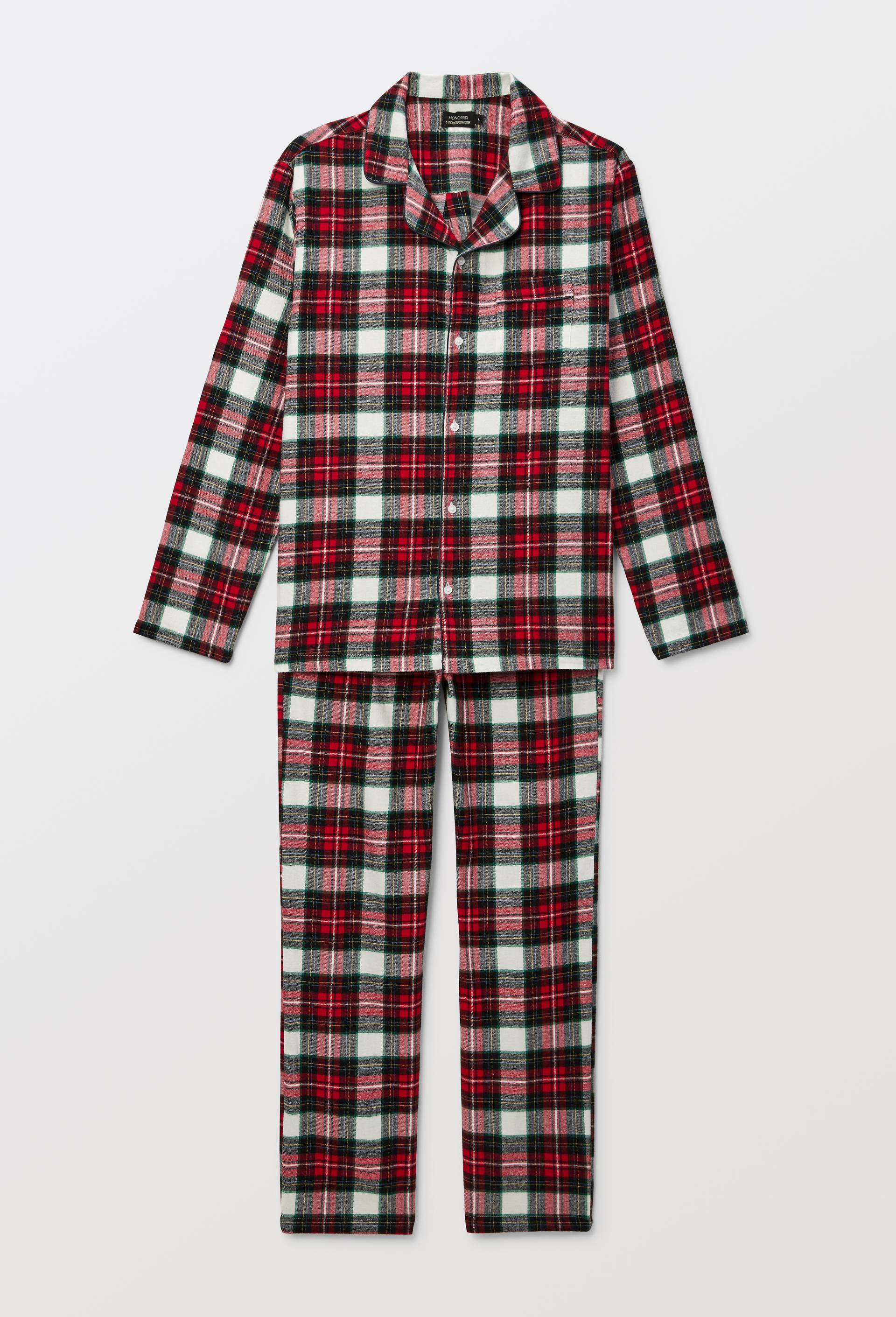 Pyjama chemise manches longues et pantalon gratt&eacute; en coton BIO GOTS &agrave; carreaux, Ecru, large image number 2